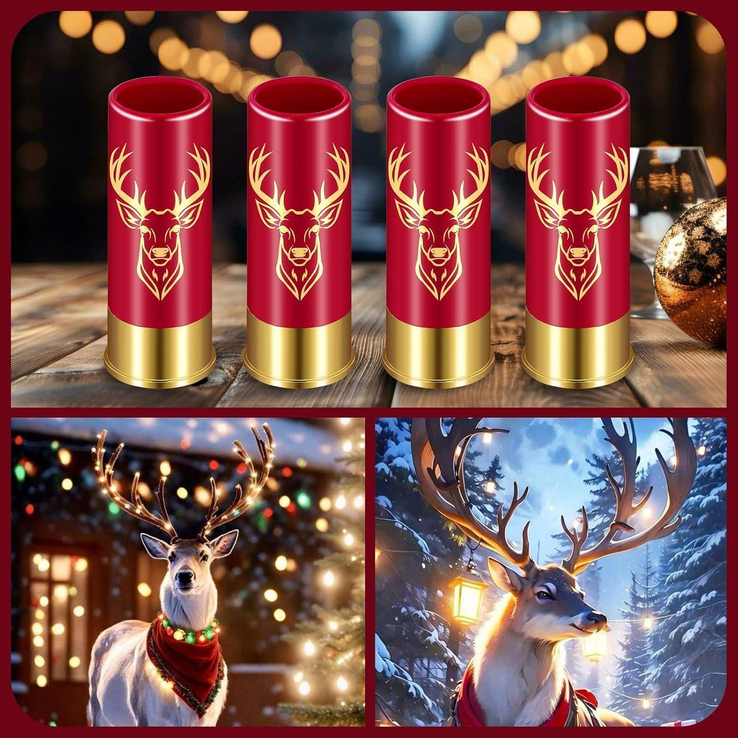 Drei rote und goldene Getränkedosen mit Hirschdesigns auf einem Holztisch. Darunter befinden sich zwei Bilder von einem Rentier, eines drinnen mit festlicher Beleuchtung.