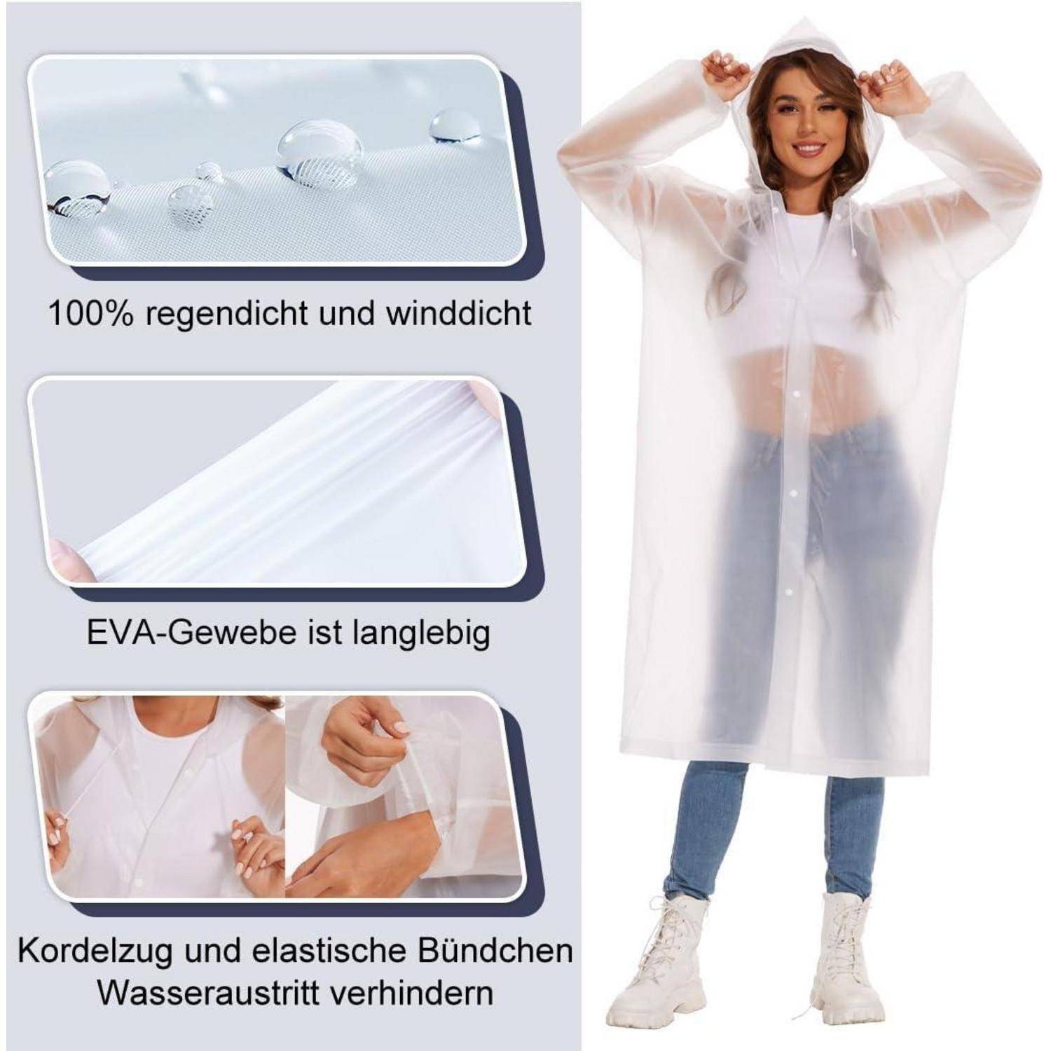 Eine Frau mit einem transparenten Regenmantel lächelt, neben einem Panel, das Merkmale wie wasserdichtes Material und elastische Manschetten hervorhebt.