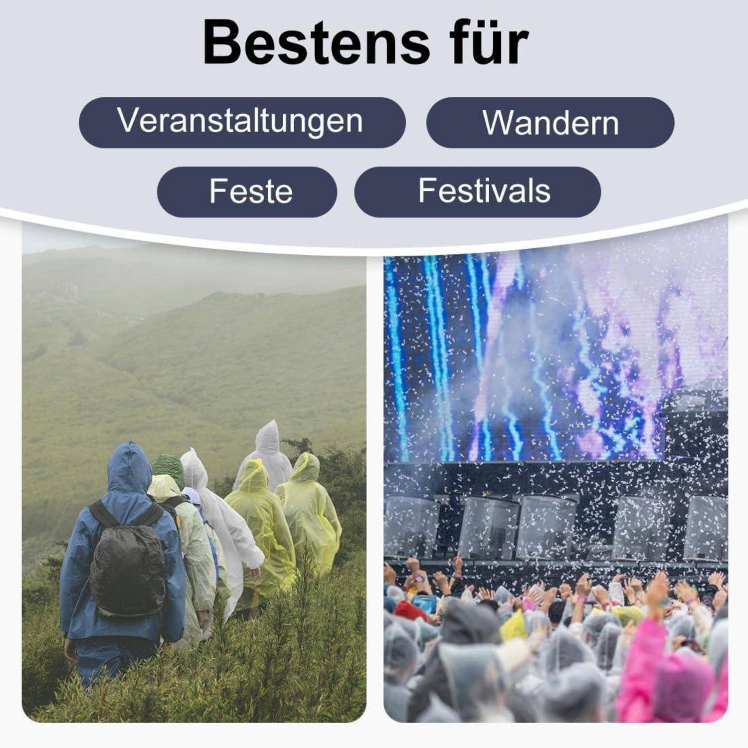 Geteiltes Bild, das links Menschen in Regenmänteln beim Wandern und rechts eine Festivalmenge unter Konfetti zeigt, beschriftet mit 'Bestens für'.