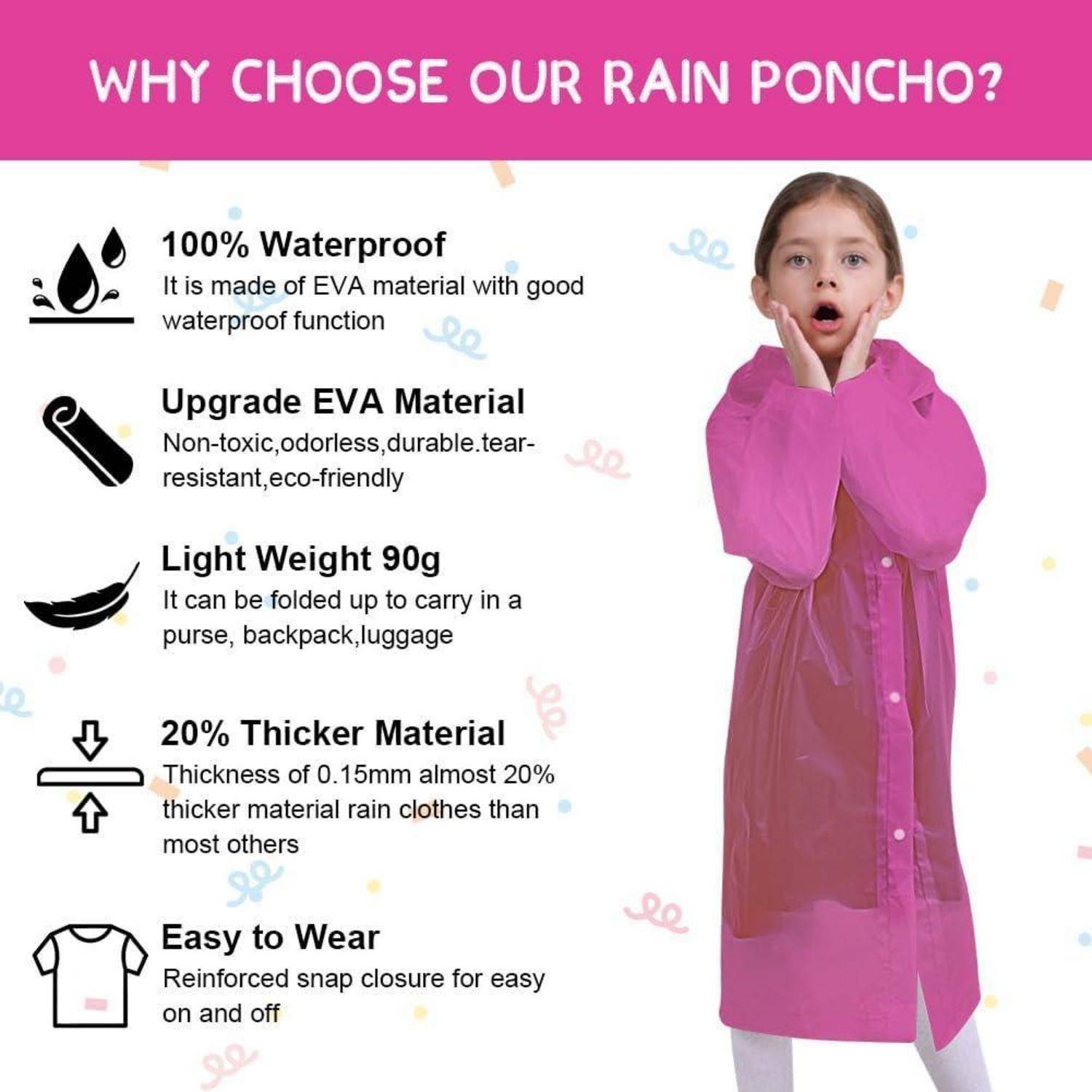 Bild eines Mädchens in einem pinkfarbenen Regenponcho. Texthervorhebungen zeigen Merkmale: '100% wasserdicht', 'Upgrade EVA-Material', 'Leicht mit 90g', '20% dickeres Material', 'Einfach anzuziehen'.