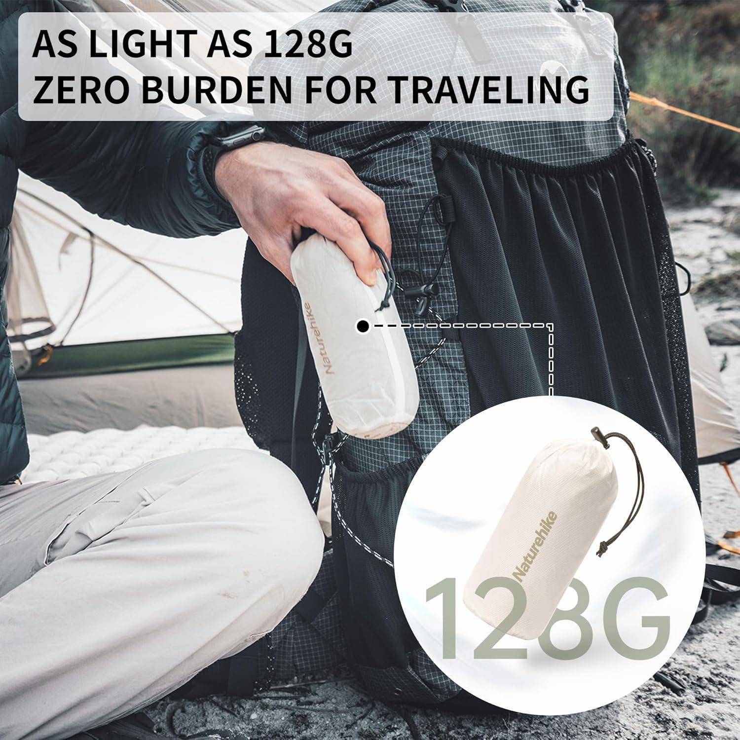 Eine Person, die einen kleinen, leichten 128g-Gegenstand in eine Tasche packt, ideal für Reisen. Text lautet: So leicht wie 128g, keine Belastung beim Reisen.