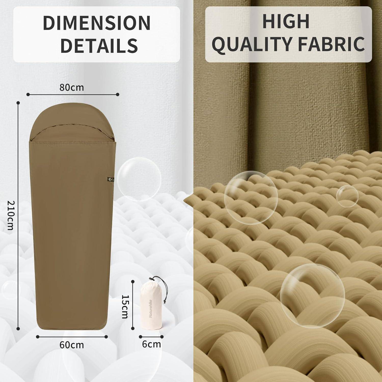 Schlafsack mit Abmessungen: 210 cm Länge, 80 cm Breite oben, 60 cm Breite unten. Hebt hochwertigen Stoff hervor.