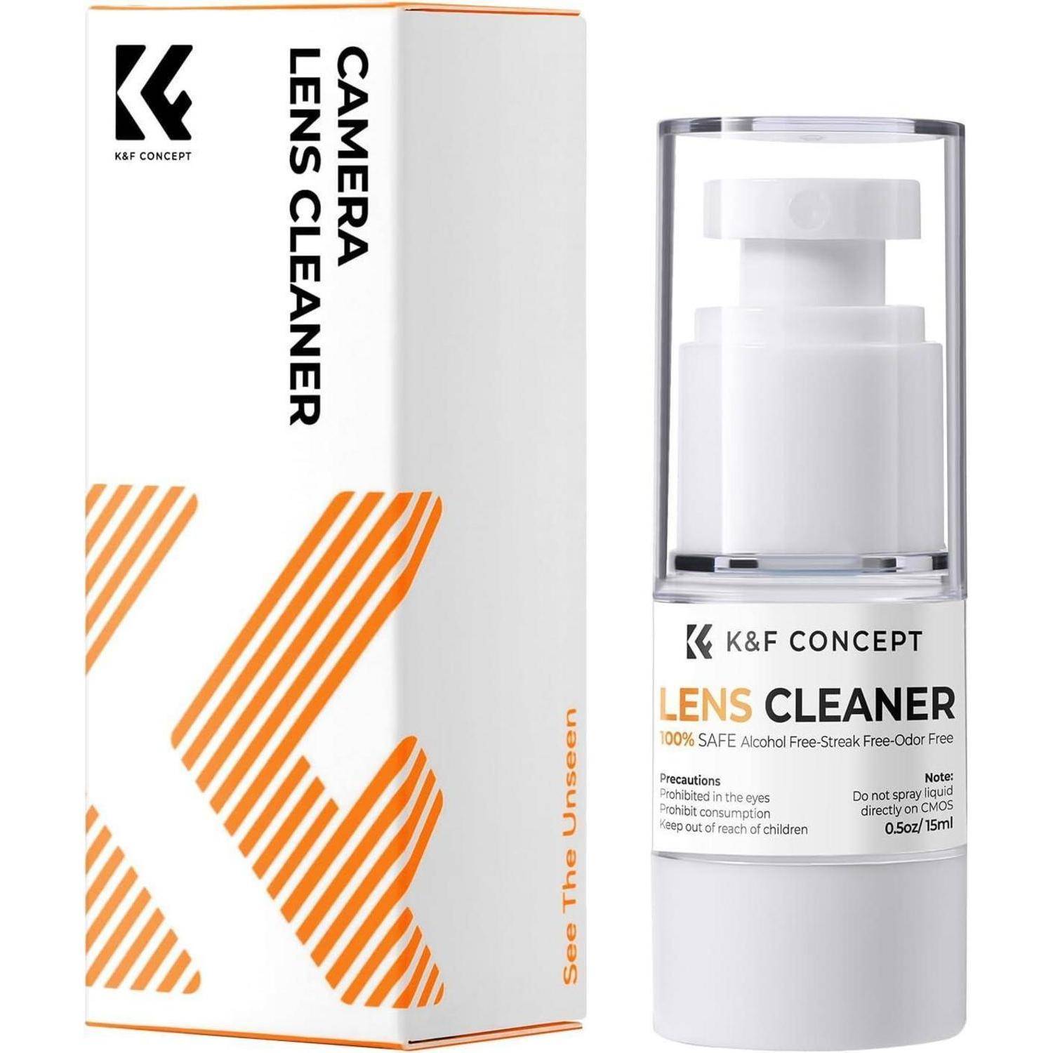 Kamera-Objektivreiniger-Flasche und -Schachtel von K&F Concept, gekennzeichnet mit '100% sicher, alkoholfrei, streifenfrei, geruchsneutral', Größe 15 ml.