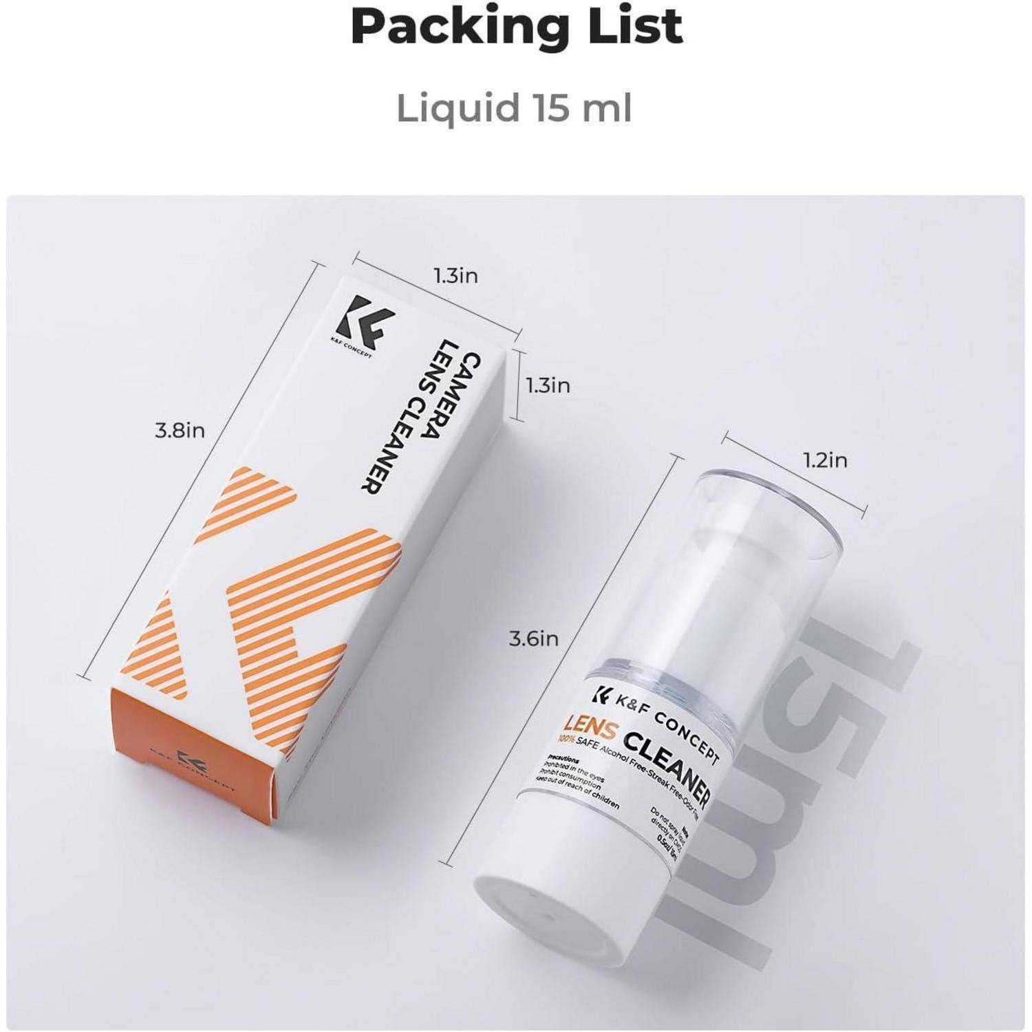 Eine Objektivreinigerflasche und ihre Verpackung werden gezeigt. Die Flasche ist mit 