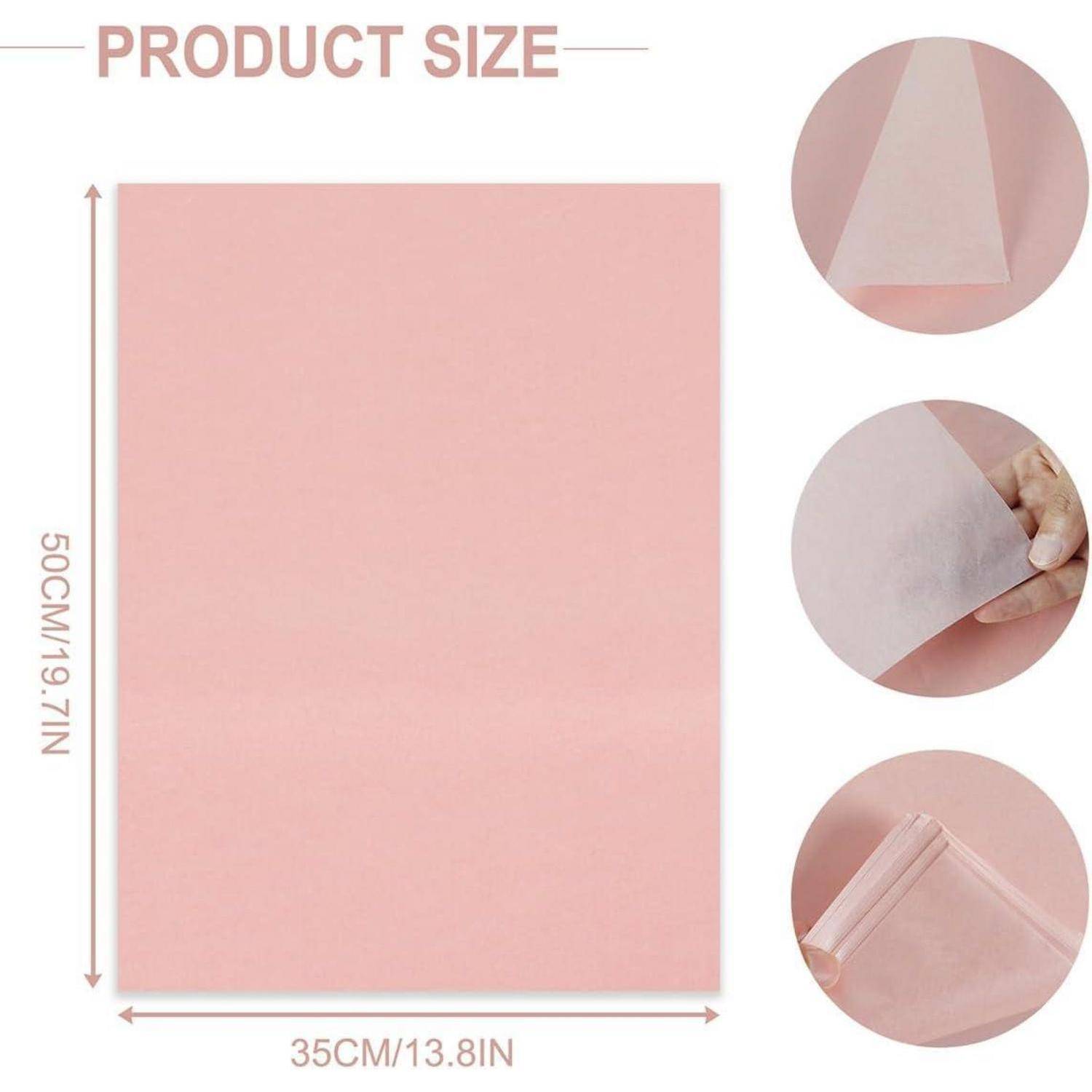 Produktgröße' Bild, das rosafarbenen Stoff mit Abmessungen von 50 cm/19,7 Zoll x 35 cm/13,8 Zoll zeigt. Enthält gefaltete und Detailansichten auf der rechten Seite.