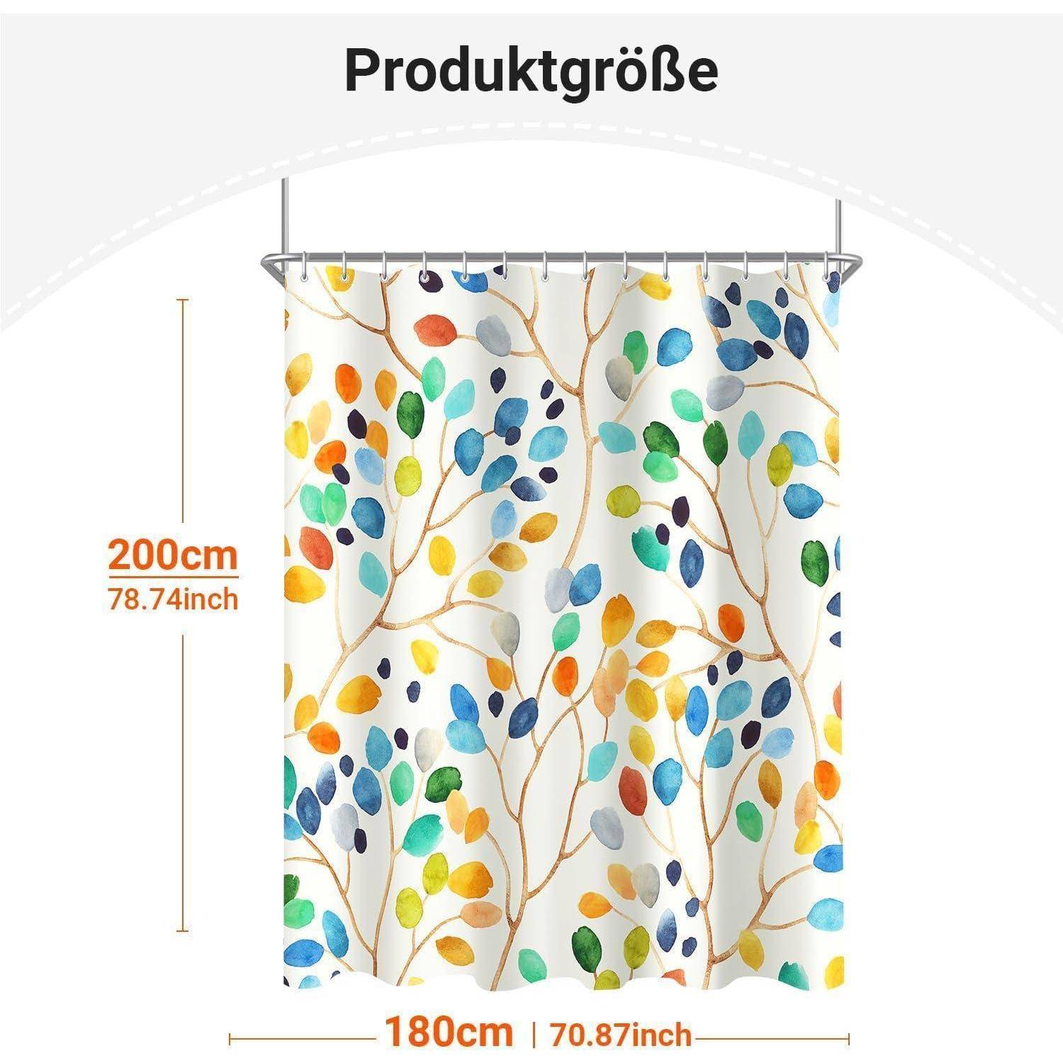 Duschvorhang mit buntem Blättermuster, Maße: 200 cm (78,74 Zoll) lang und 180 cm (70,87 Zoll) breit.