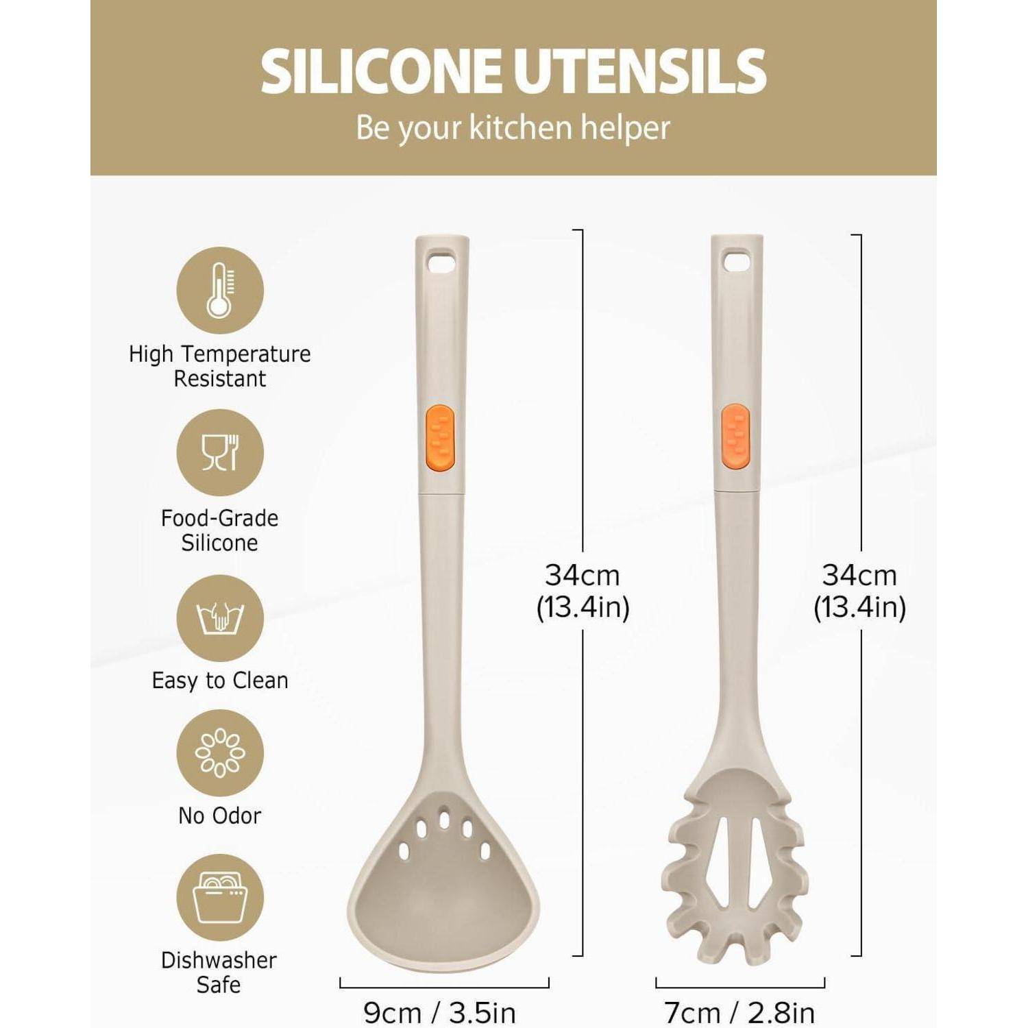 Silikon-Küchenutensilien' Produktbild mit Schaumlöffel und Nudelserver. Eigenschaften: hohe Temperaturbeständigkeit, lebensmittelechtes Silikon, leicht zu reinigen, geruchsneutral, spülmaschinenfest.