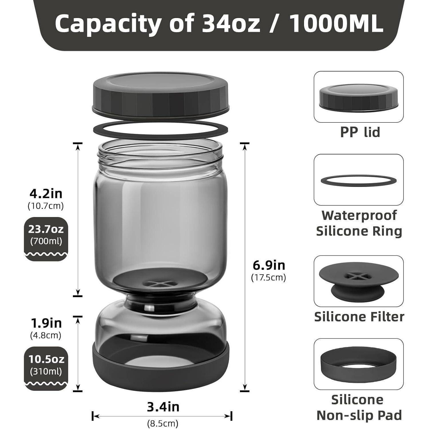 Fassungsvermögen von 34oz / 1000ML schwarzes Glas mit Abmessungen: 4,2 Zoll Höhe, 3,4 Zoll Durchmesser. Enthält Deckel, Silikonring, Filter und rutschfeste Unterlage.