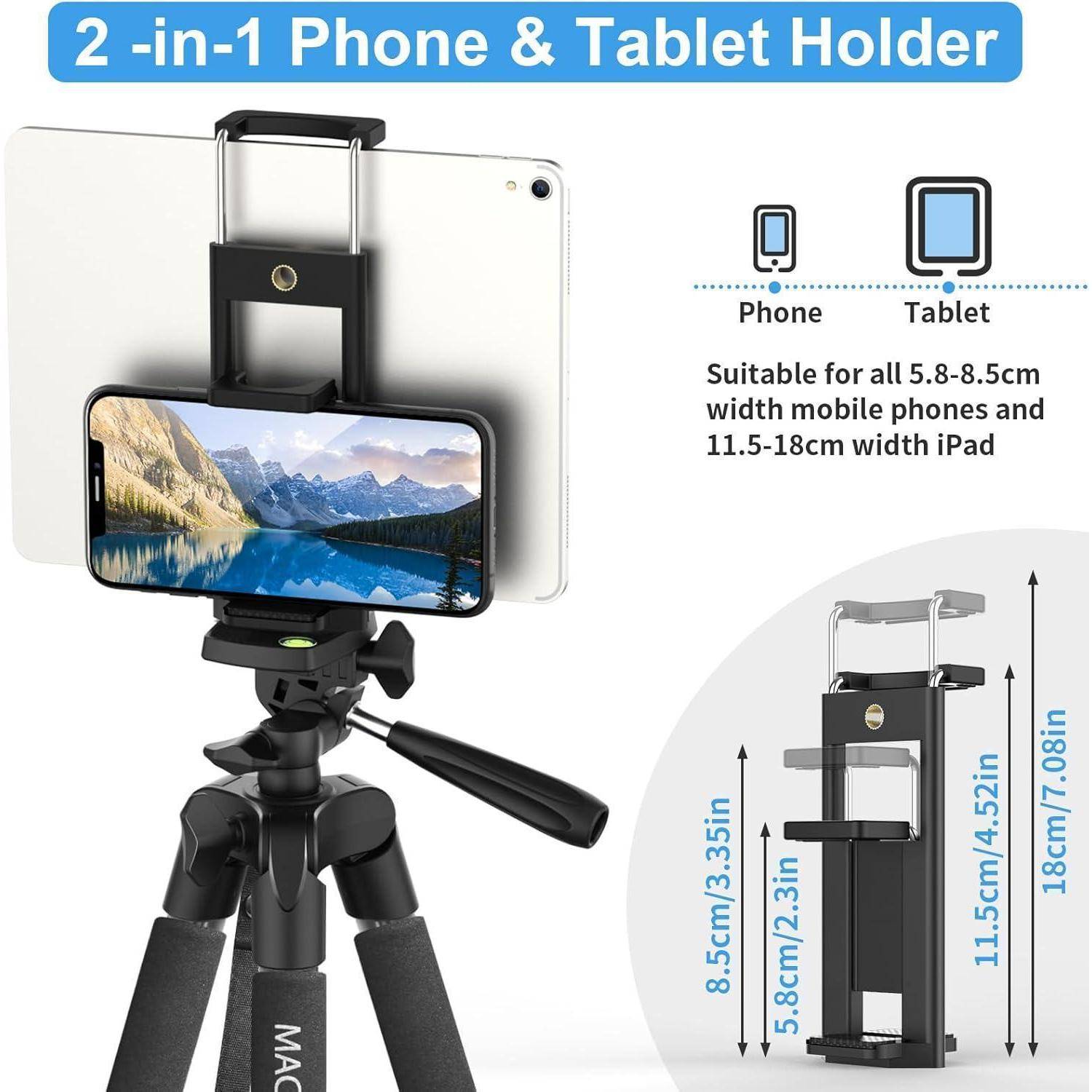 Telefon- und Tablet-Halterung mit verstellbarem Griff, die auf einem Stativ befestigt ist. Geeignet für Smartphones mit einer Breite von 5,8-8,5 cm und Tablets mit einer Breite von 11,5-18 cm.
