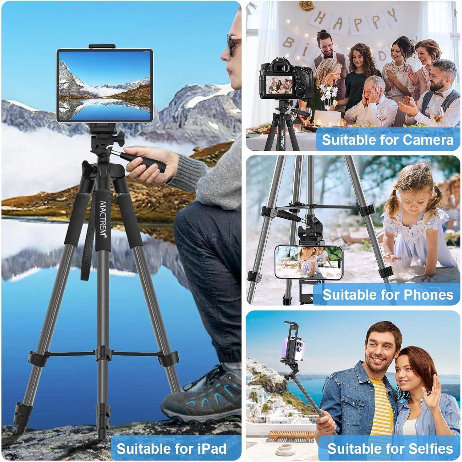 MacTrem' Stativ-Collage: Fotos zeigen Stativ, das ein iPad, eine Kamera, ein Telefon unterstützt und für Selfies verwendet wird. Beschreibender Text betont die Gerätekompatibilität.