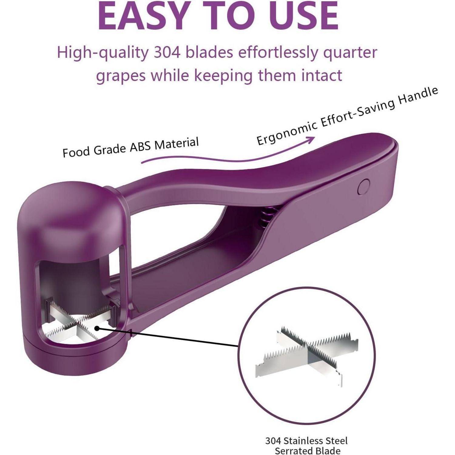 Lila Traubenschneider mit ergonomischem Griff, zeigt Etikett aus gezahntem 304 Edelstahl und ABS-Material. Text: 'Einfach zu bedienen'.