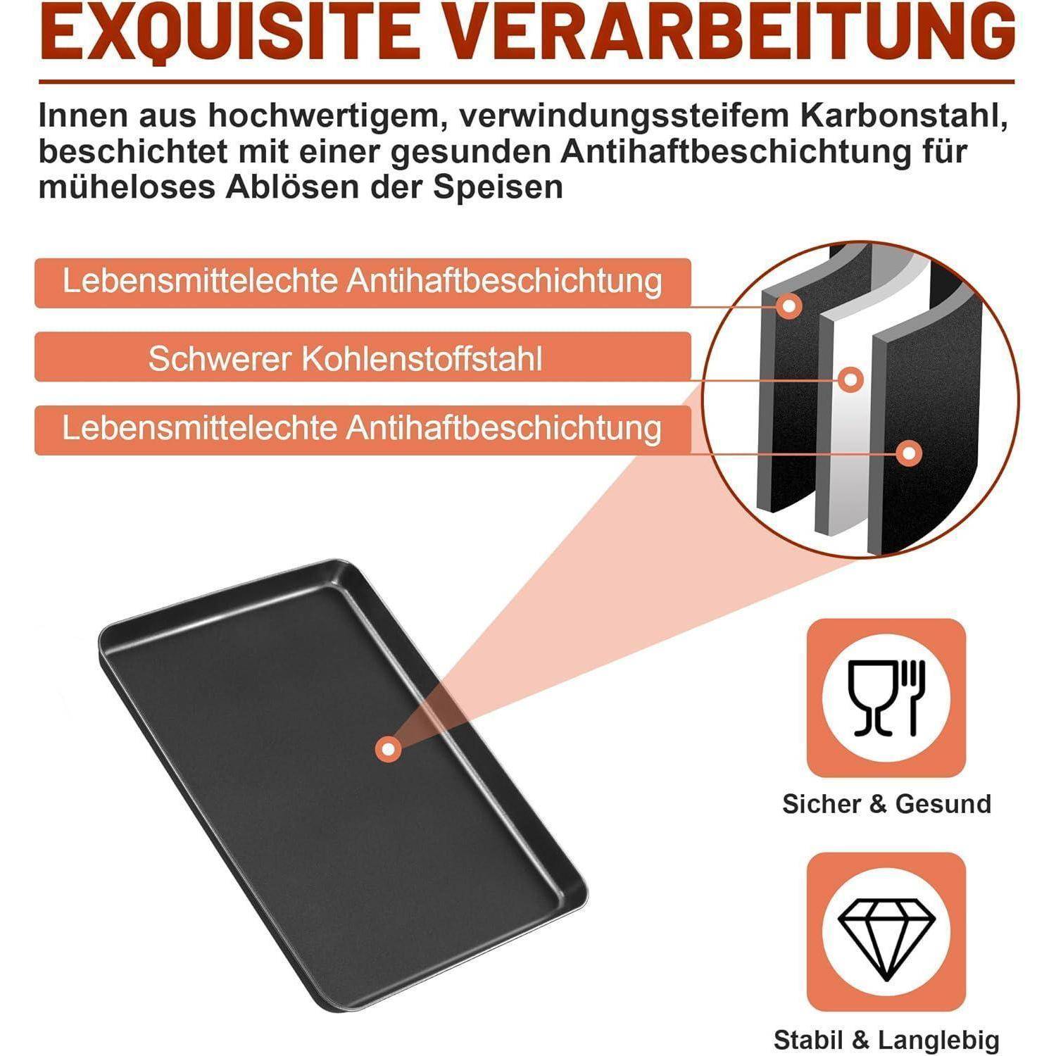 Exquisite Verarbeitung': Diagramm eines Backblechs mit Pfeilen, die 'Lebensmittelechte Antihaftbeschichtung' und 'Kohlenstoffstahl' hervorheben. Icons zeigen an, es sei 'Sicher & Gesund' und 'Stabil & Langlebig.