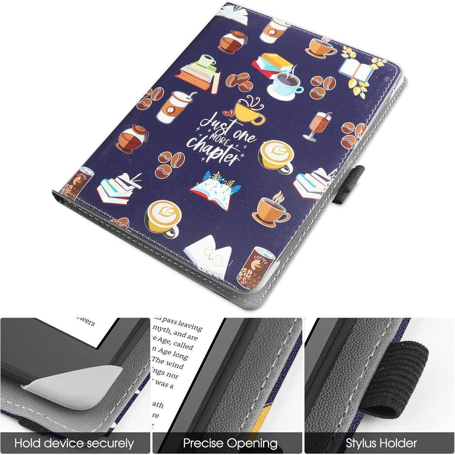 E-Reader-Hülle mit Buch- und Kaffee-Motiv, mit Elementen wie Tassen, Büchern und Gebäck. Text lautet ‚Nur noch ein Kapitel.' Mit sicheren Ecken, präziser Öffnung und Eingabestift-Halterung.