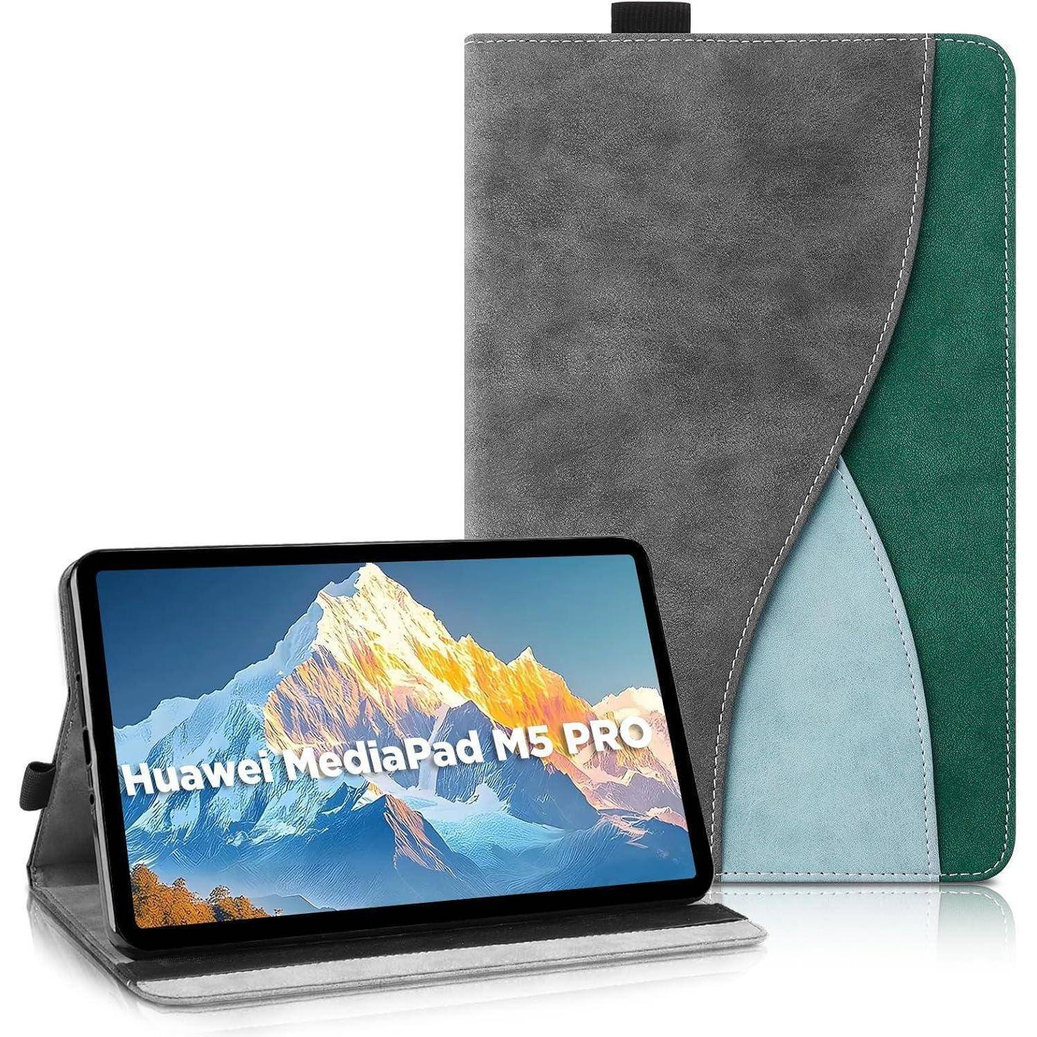 Huawei MediaPad M5 PRO Tablet, das in einem All-in-One-Gehäuse mit abstraktem Design steht und auf dem Bildschirm eine Berglandschaft zeigt.