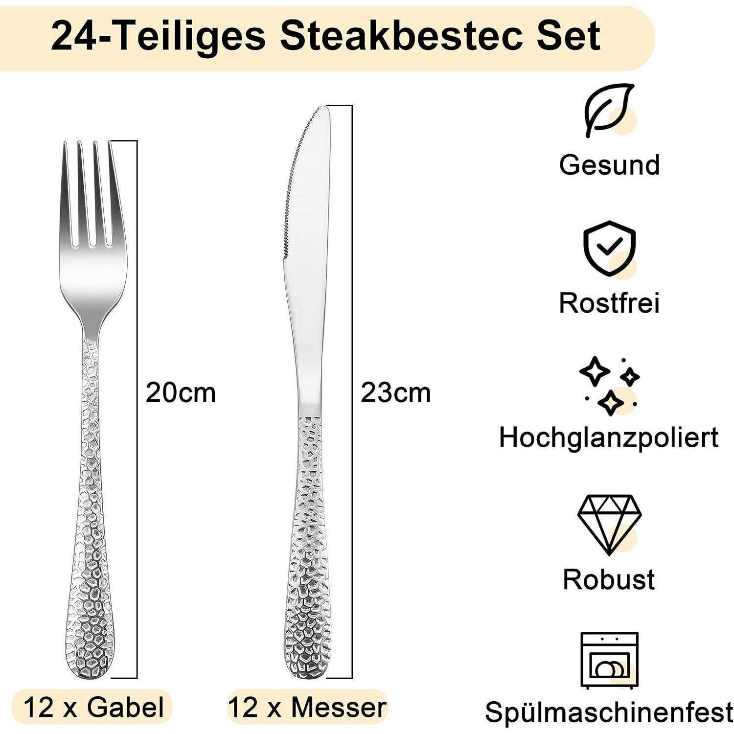 Das Bild zeigt ein 24-teiliges Steakbesteck-Set mit 12 Gabeln und 12 Messern. Die Gabeln sind 20 cm, die Messer 23 cm lang. Zu den Merkmalen gehören Gesundheitsverträglichkeit, Rostfreiheit und hochglänzende Oberfläche.