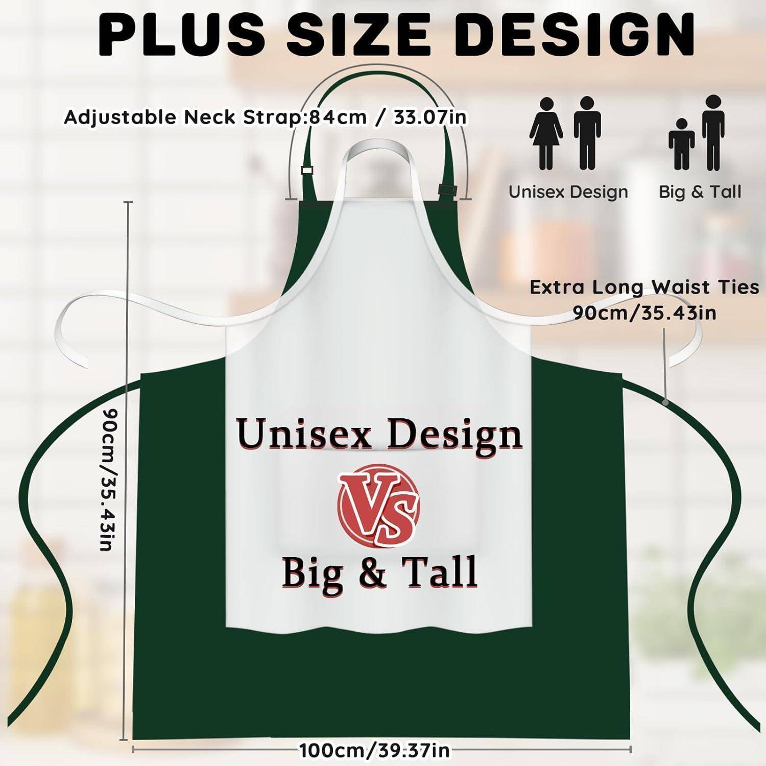 Schürze im 'Plus Size Design' mit verstellbarem Nackengurt (84 cm/33,07 Zoll) und extra-langen Taillenbändern (90 cm/35,43 Zoll), geeignet für große und hochgewachsene Personen.