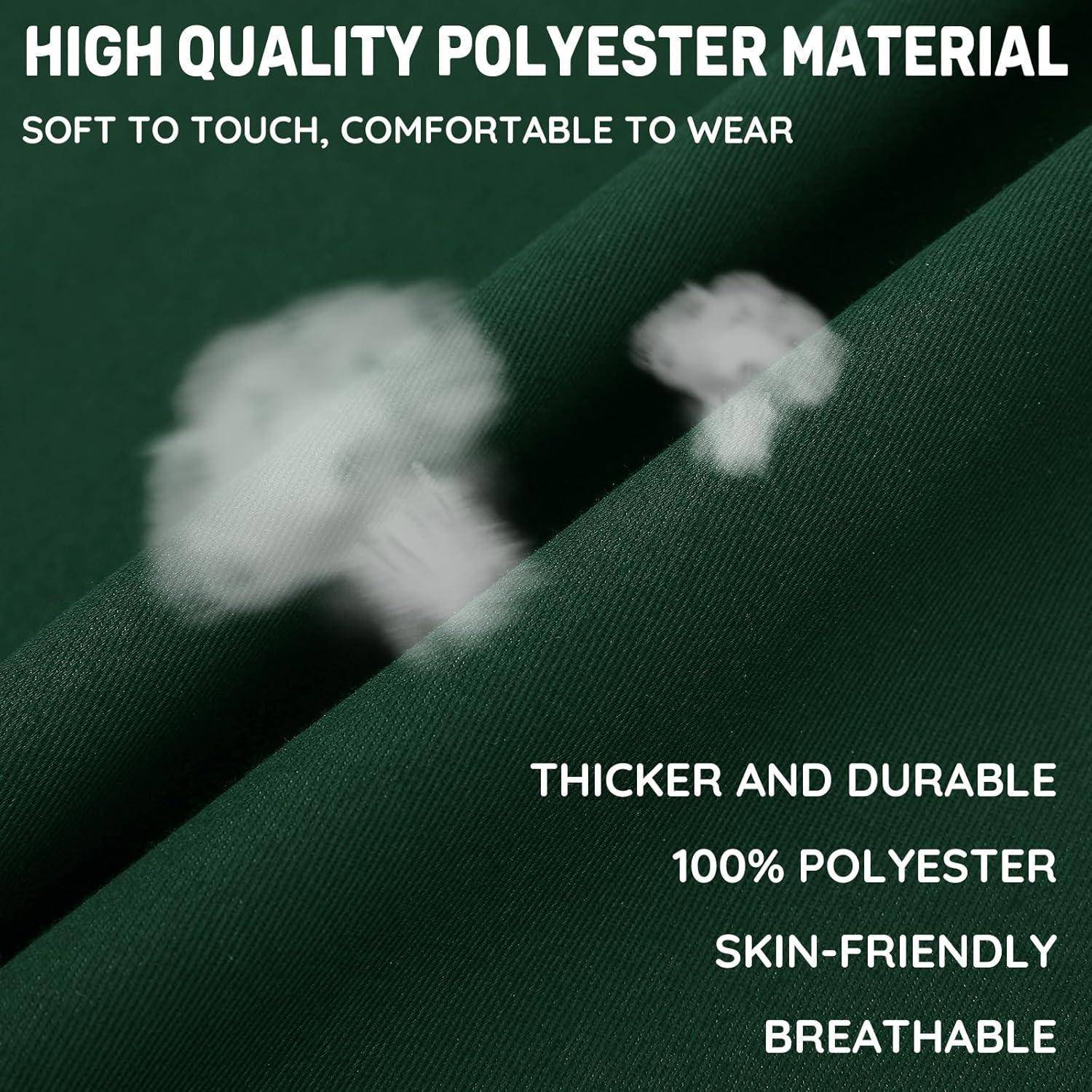 Grüner Polyesterstoff mit Text: 'Hochwertiges Polyestermaterial, weich zum Anfassen, angenehm zu tragen. Dichter und strapazierfähig, 100% Polyester, hautfreundlich, atmungsaktiv.