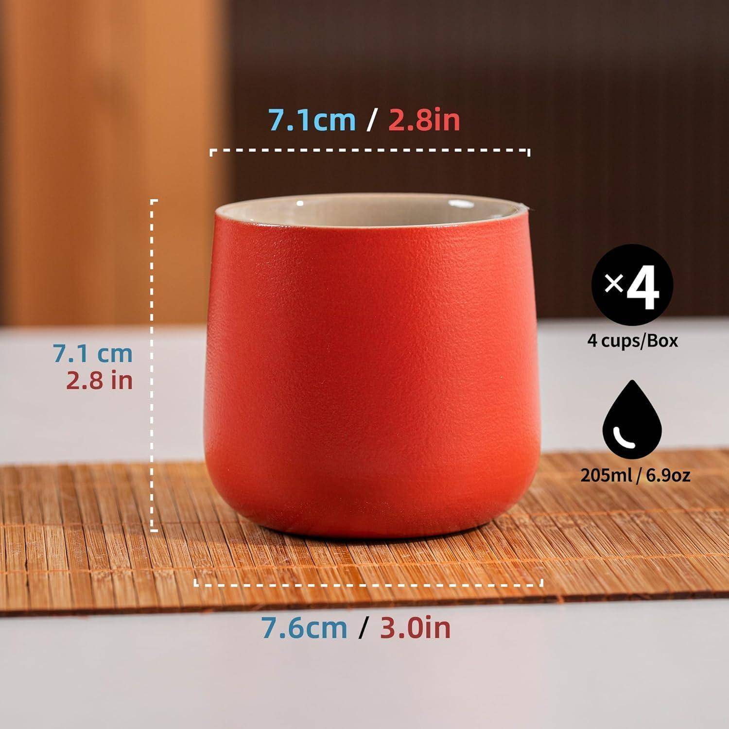 Eine rote Tasse auf einer Bambusmatte mit beschrifteten Abmessungen: 7,1 cm (2,8 Zoll) Höhe, 7,6 cm (3,0 Zoll) Durchmesser; 205 ml (6,9 Unzen) Fassungsvermögen.
