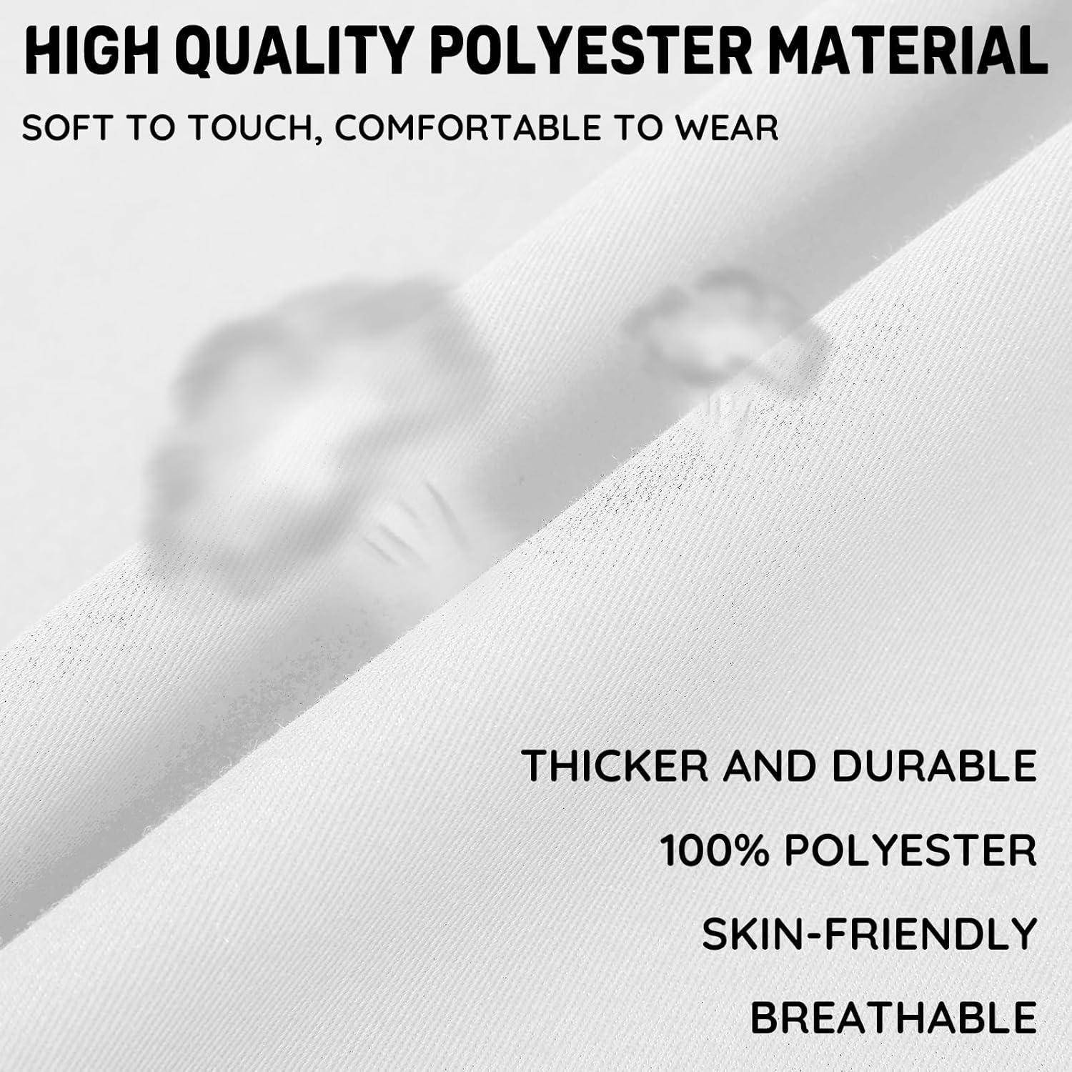 Nahaufnahme eines hochwertigen Polyesterstoffs mit Texthervorhebungen: ‚Weich beim Anfassen, angenehm zu tragen, dicker und langlebig, 100% Polyester, hautfreundlich, atmungsaktiv.