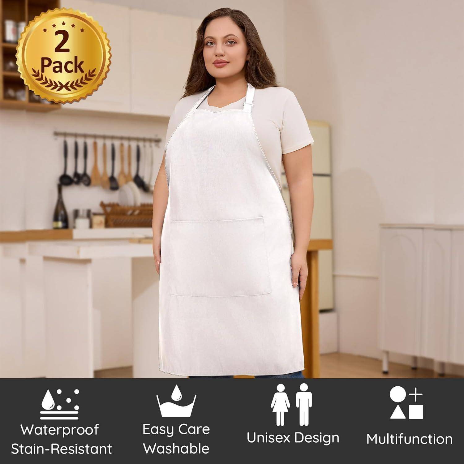 Eine Person in einer weißen Schürze steht in einer Küchenumgebung. Text darunter hebt Merkmale hervor: ‚Wasserdicht, Fleckenresistent, Pflegeleicht, Unisex-Design, Multifunktional.