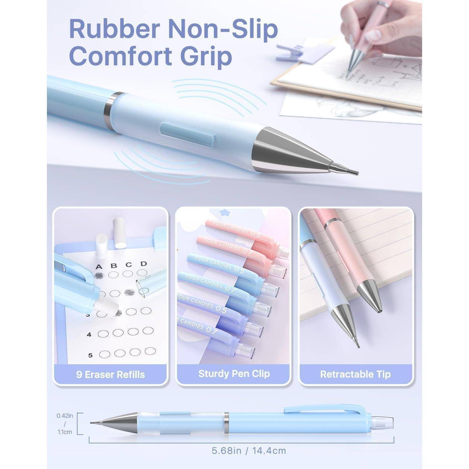 Gummierter rutschfester Komfort-Griff-Stift mit blauem Stift mit einziehbarer Spitze, Radierminen und stabilem Stiftklemmer