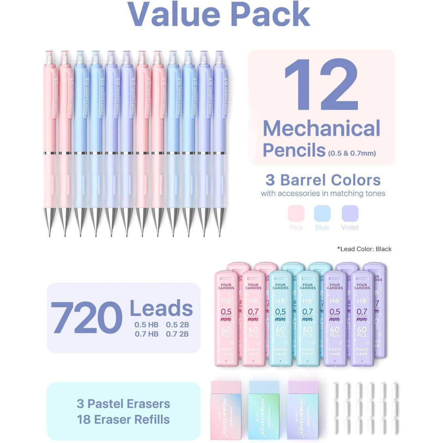 Wertpack: 12 Druckkugelschreiber (0,5 & 0,7 mm) in rosa, blau, violett. Inklusive 720 Minen, 3 pastellfarbene Radiergummis, 18 Radiergummi-Nachfüllungen.