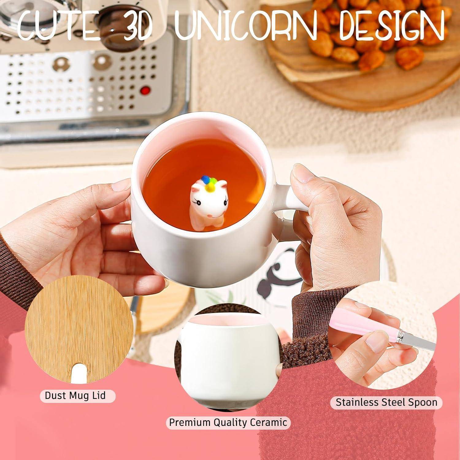 Eine Hand hält eine weiße Tasse mit einem 3D-Einhorn-Design im Inneren. Der Text hebt die Merkmale hervor: Tassenlid gegen Staub, Premium-Keramik, Löffel aus Edelstahl.