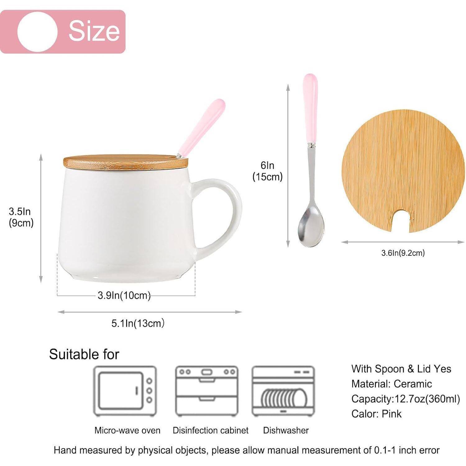 Keramikbecher mit Bambusdeckel und rosa Löffel. Maße: 10 cm hoch, 10 cm breit. Fasst 375 ml. Geeignet für Mikrowelle und Spülmaschine.