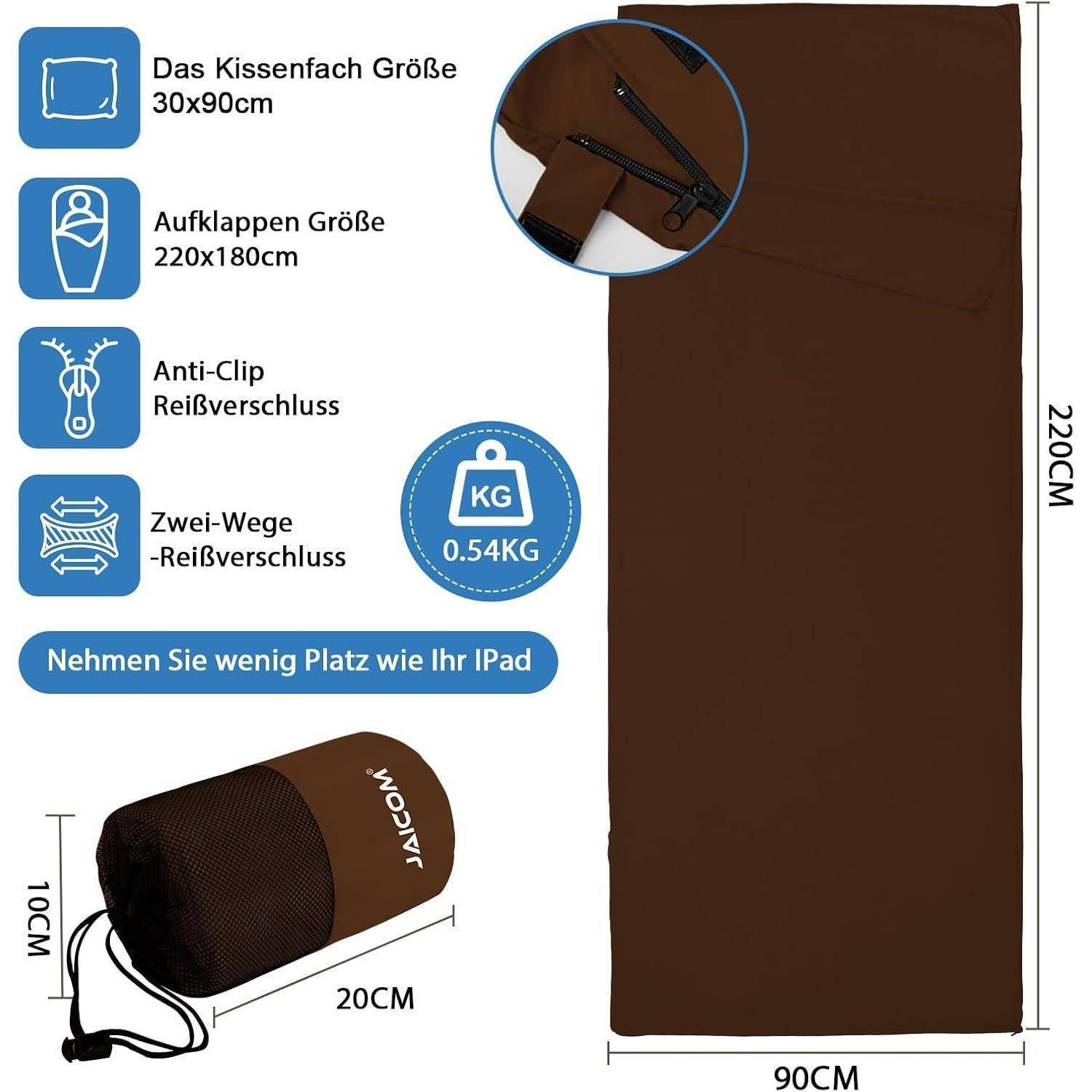 Brauner Schlafsack mit zweiwegigen Anti-Clip-Reißverschlüssen, Größe 220x90 cm, mit Kissenfach. Kompakt zusammenpackbar in einer 20x90 cm Tasche, mit einem Gewicht von 0,54 kg.