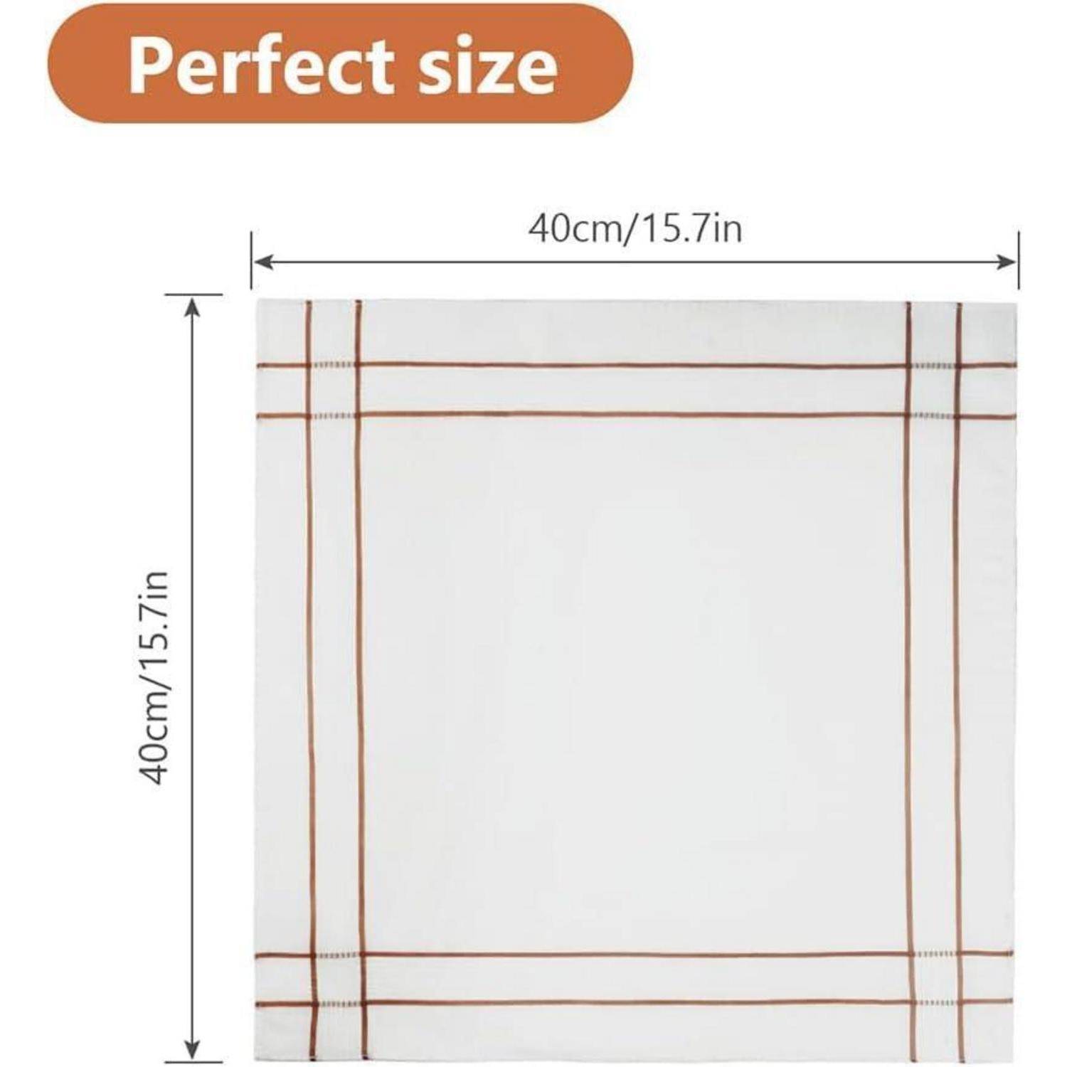 Serviette in der 'perfekten Größe', gezeigt mit den Abmessungen 40 cm x 40 cm (15,7 Zoll x 15,7 Zoll), mit weißem Hintergrund und braunen Randlinien.