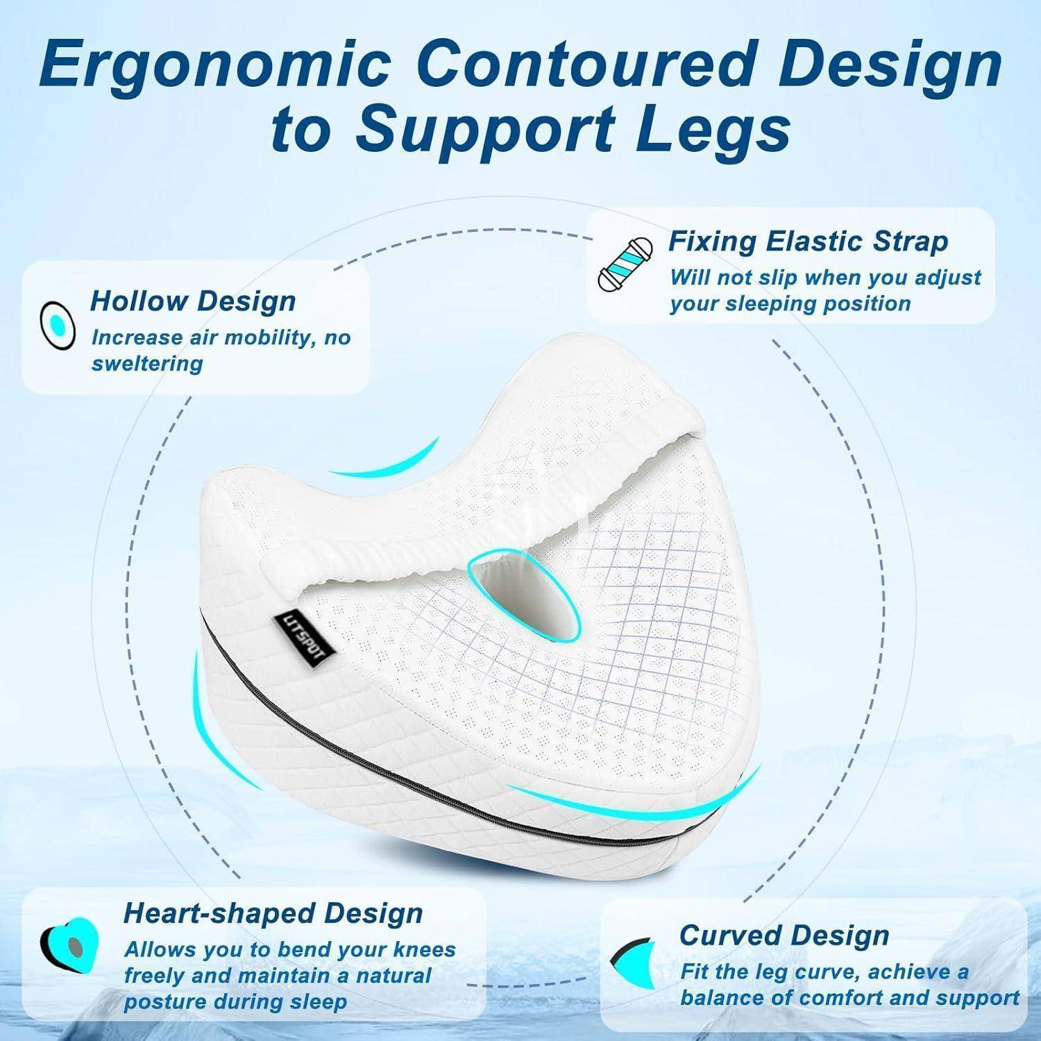 Elegantes weißes Beinkissen mit ergonomischem, herzförmigem Design für verbesserten Kniekomfort. Zu den Merkmalen gehören eine Hohlform, ein Befestigungsriemen und gebogene, flexible Kanten.