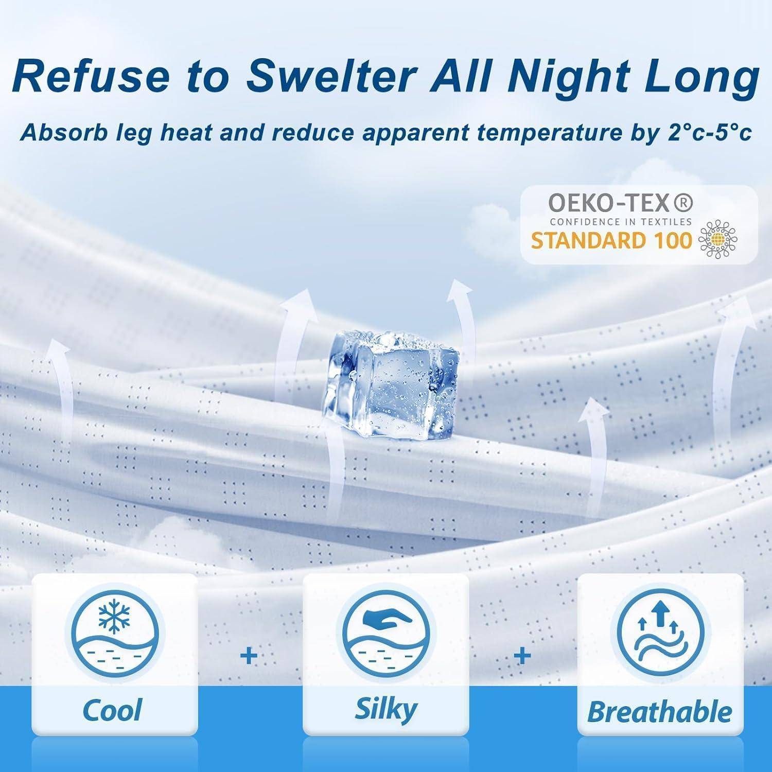 Kühlende Bettwäsche mit dem Text 'Weigere dich, die ganze Nacht zu schwitzen'. Eigenschaften: kühl, seidig, atmungsaktiv, senkt die Temperatur um 2°C-5°C.