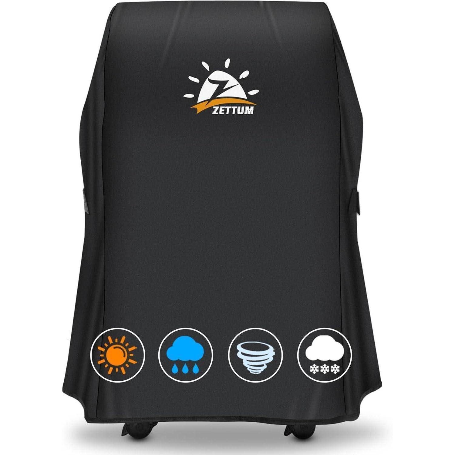 Eine schwarze Outdoor-Ausrüstungsabdeckung mit einem 'Zettum'-Logo oben und Wettersymbolen unten, die Schutz vor Sonne, Regen, Wind und Schnee anzeigen.