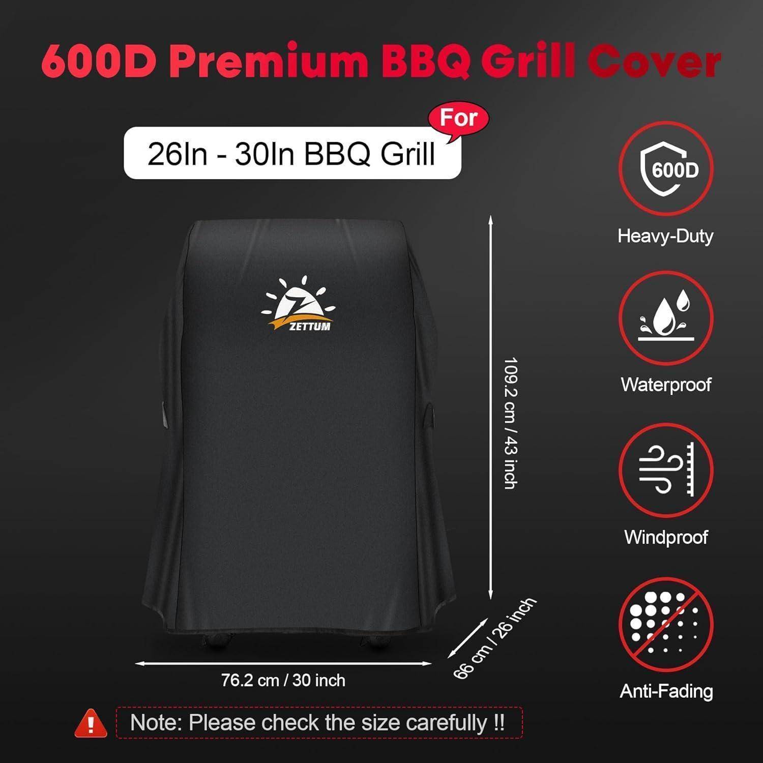 600D Premium Grillabdeckung' Eigenschaften: passend für Grills von 26 Zoll bis 30 Zoll, wasserdicht, windbeständig, ausbleichungsbeständig, strapazierfähig, 109,2 cm Höhe.
