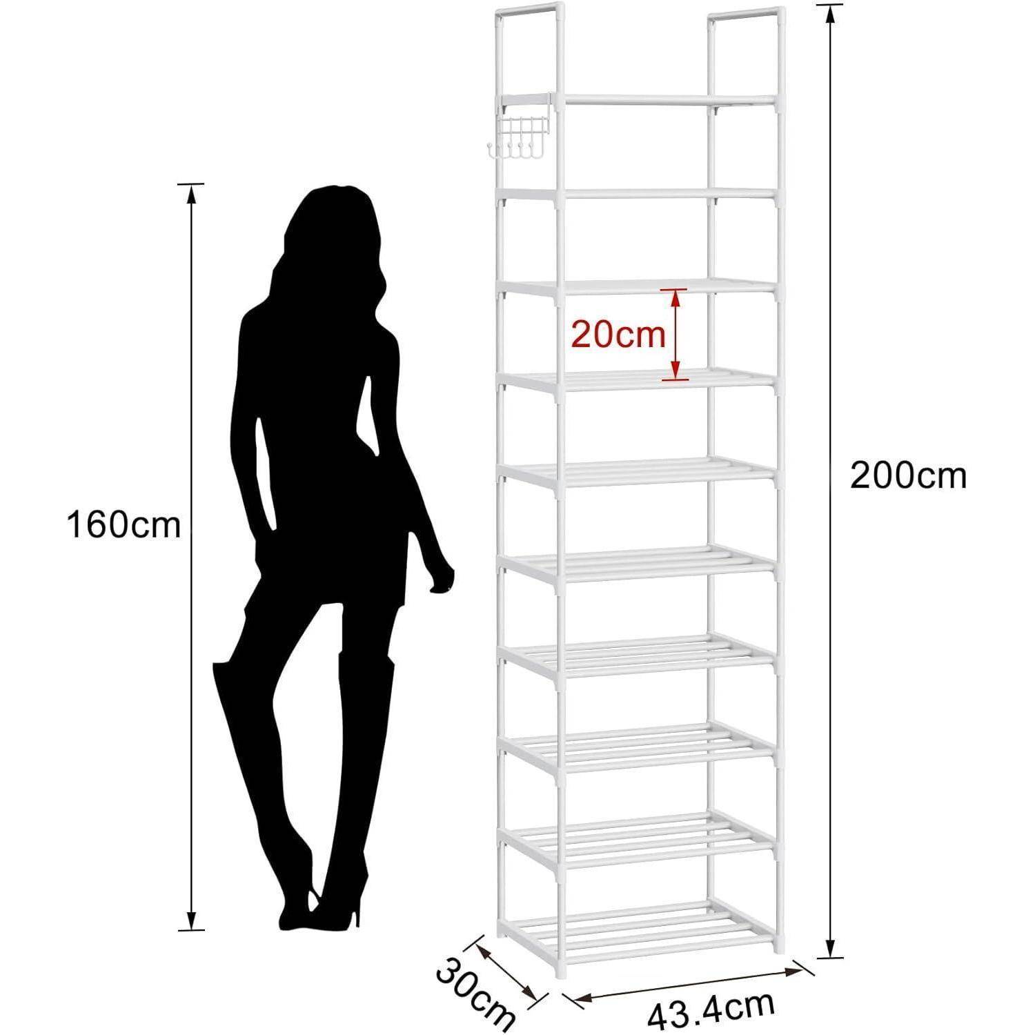 Sechsstöckiges Metallregal, 200 cm hoch, 43,4 cm breit und 30 cm tief, im Vergleich zu einer 160 cm großen Silhouette zur Darstellung des Höhenunterschieds.