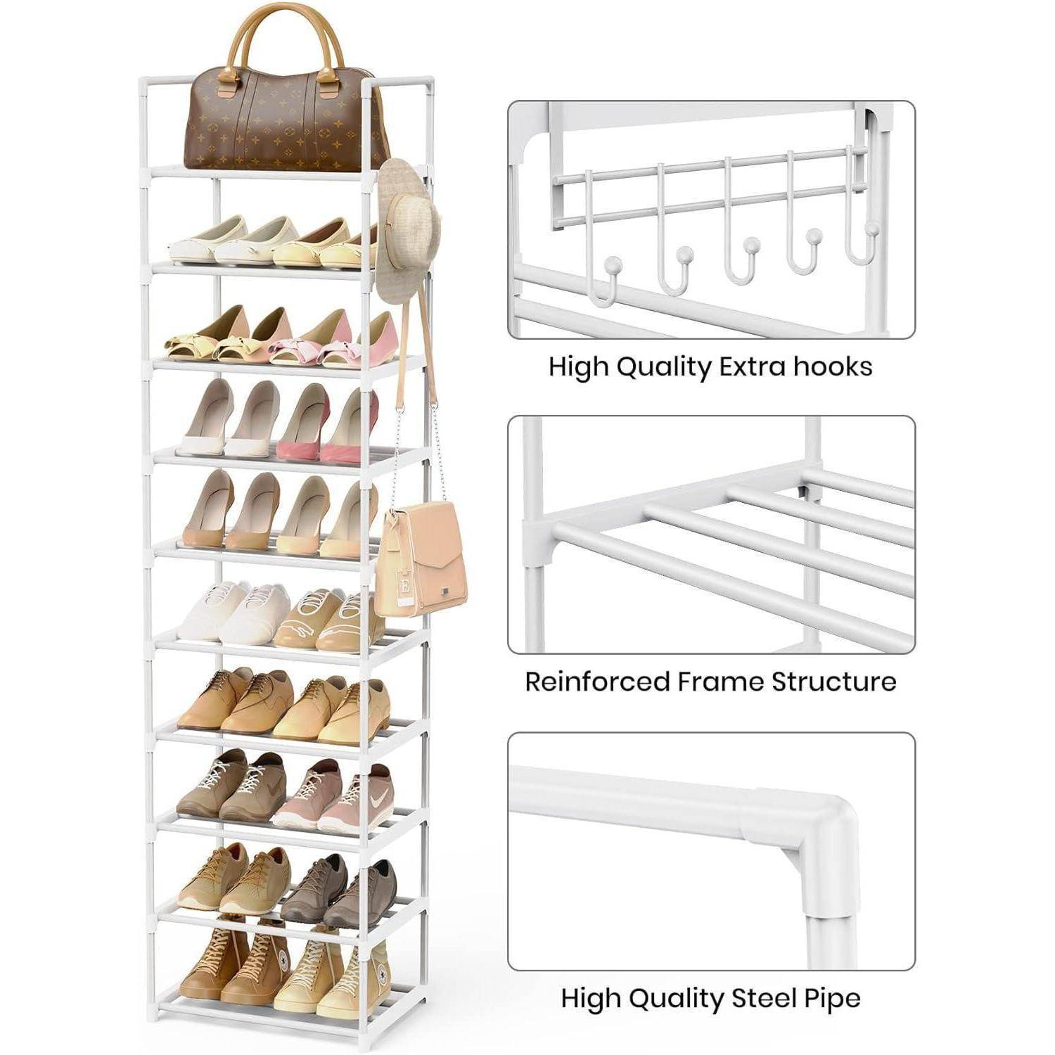 Schuhregal mit mehreren Ablagen, die verschiedene Schuhe tragen, oberstes Regal mit einer Handtasche; Funktionen umfassen zusätzliche Haken und verstärkten Rahmen.