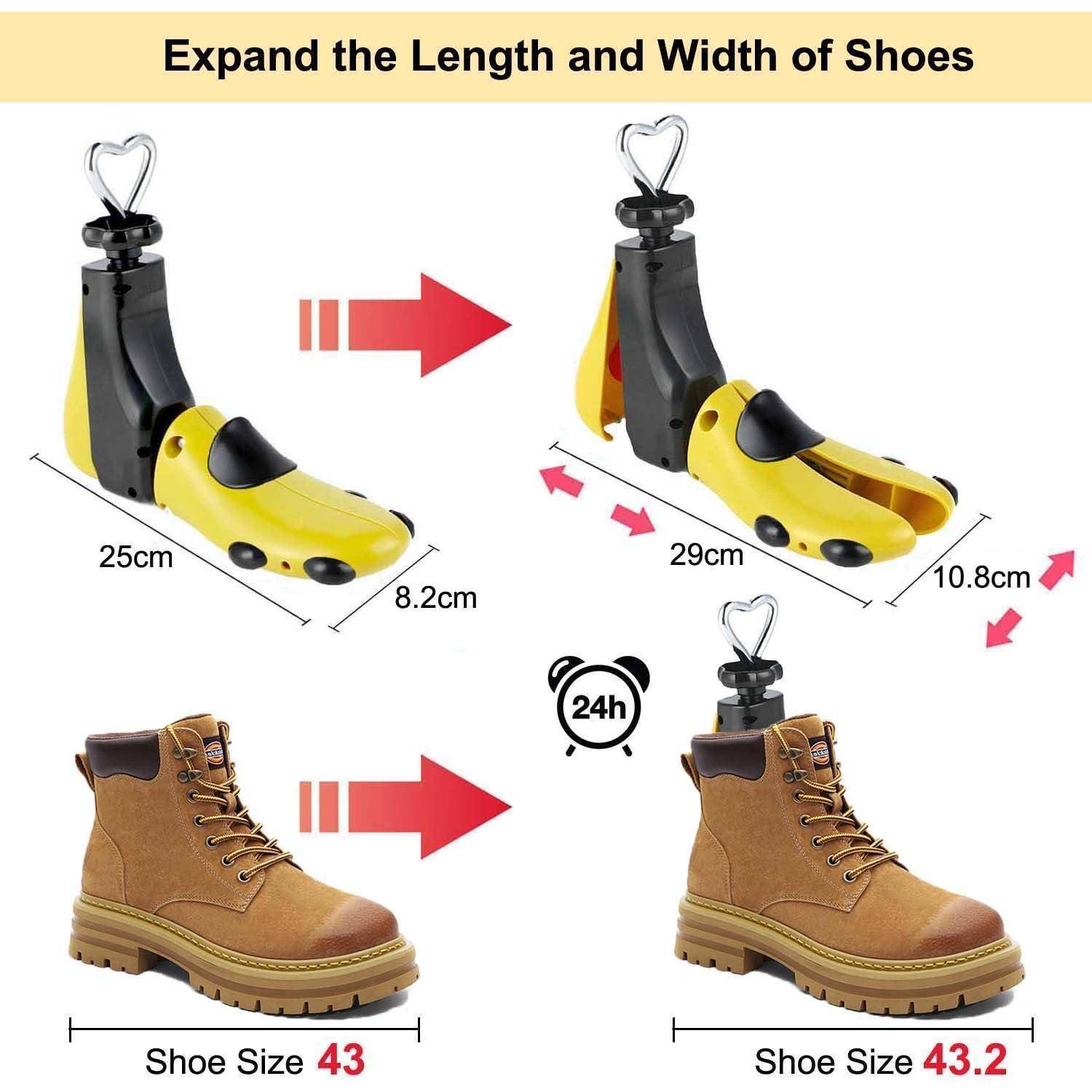 Abbildung eines Geräts zur Erweiterung der Schuhbreite und -länge. Zwei Paare Stiefel zeigen die Verwendung vor und nach dem Einsatz; die Größe erhöht sich von 43 auf 43,2.