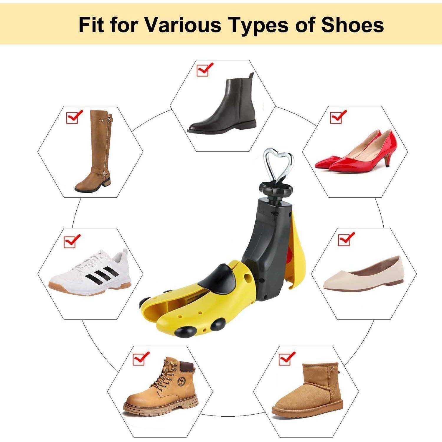 Schuhspanner geeignet für verschiedene Schuharten, einschließlich Stiefel, Absatzschuhe, Sneaker und Ballerinas, mit Häkchen dargestellt.