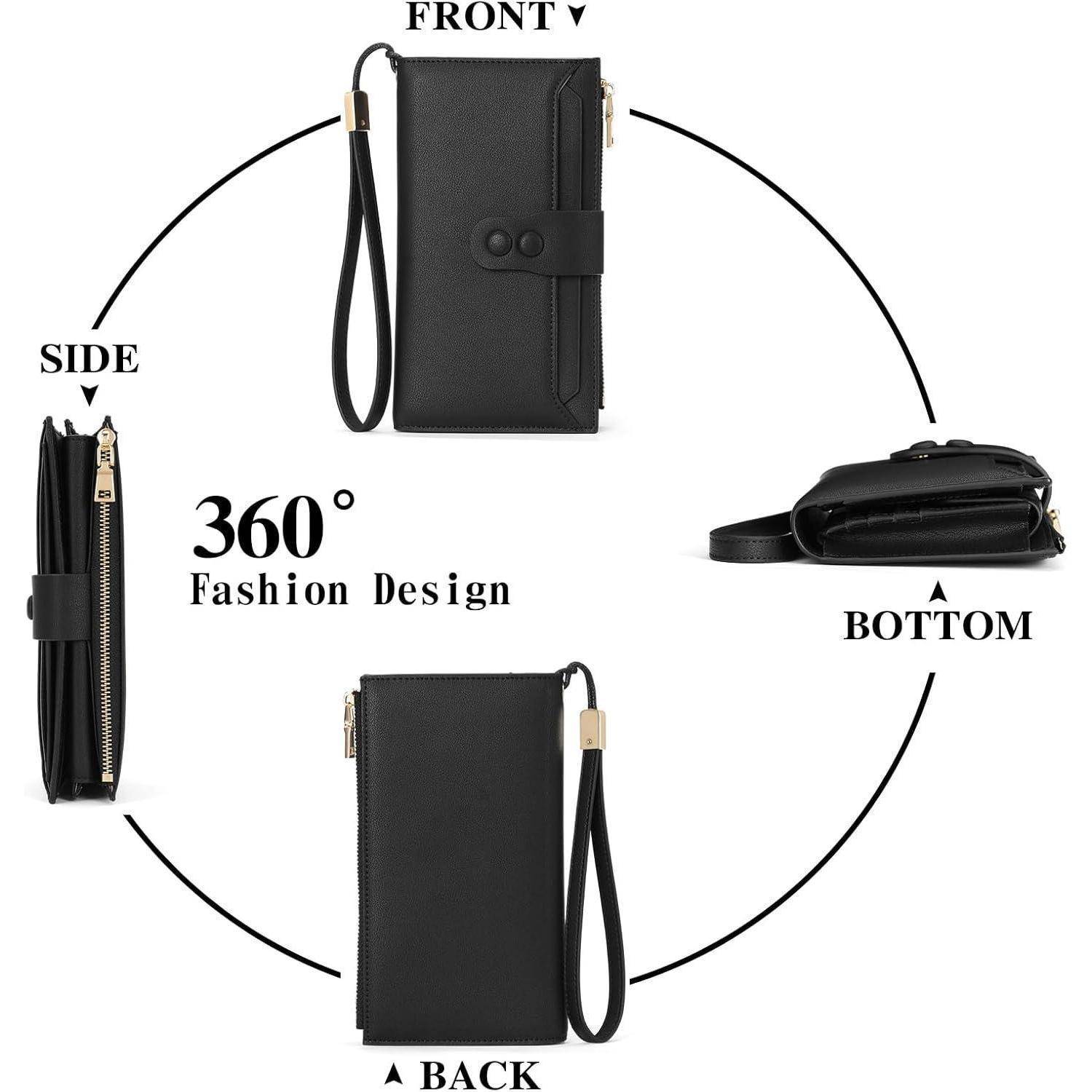 Schwarze Geldbörse aus vier Blickwinkeln gezeigt: von vorne, von der Seite, von hinten und von unten. Mit der Beschriftung '360° Fashion Design' und einem sichtbaren Handgelenkriemen.