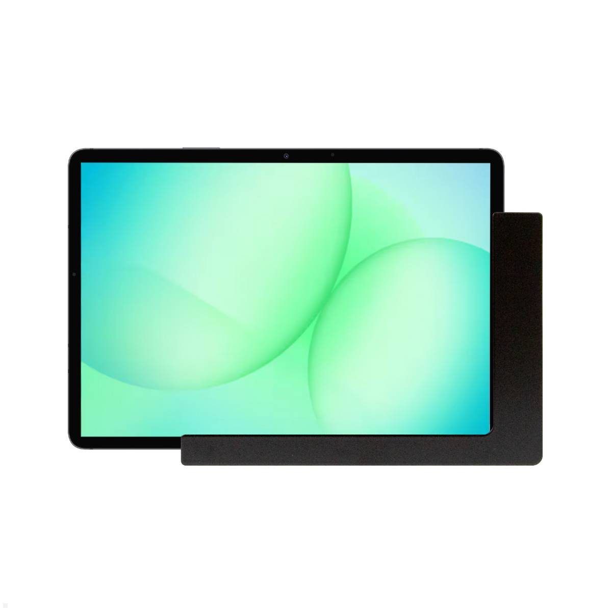 Ein Tablet mit einer farbenfrohen grünen abstrakten Anzeige, teilweise verdeckt durch einen schwarzen Sichtschutzfilter. Der Sichtschutzfilter ist auf der rechten Seite angebracht.