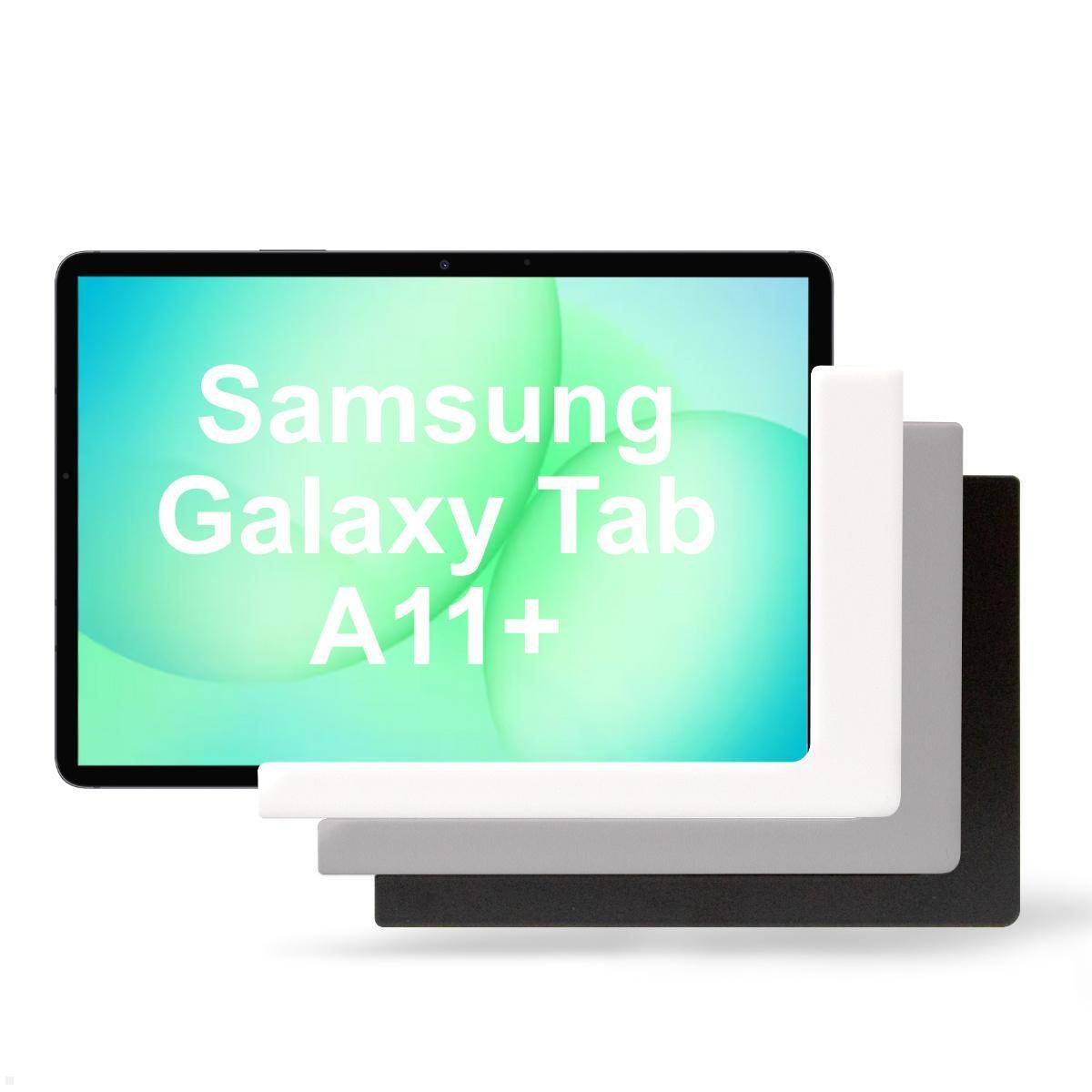 Samsung Galaxy Tab A11+ wird in drei Farboptionen angezeigt: Schwarz, Weiß und Grau.