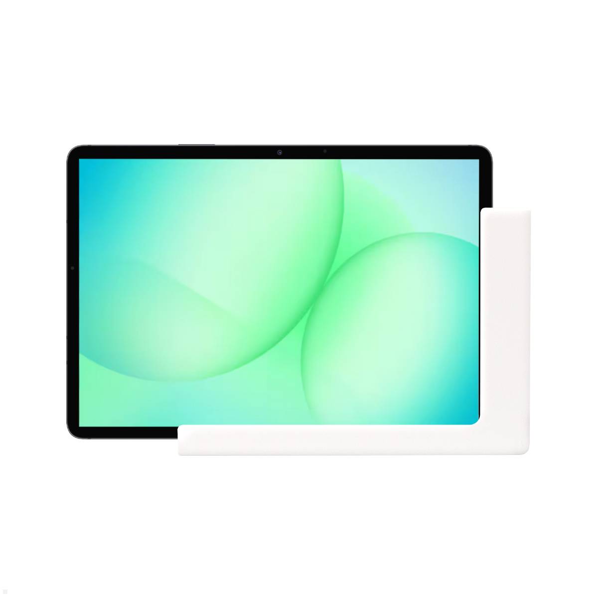 Ein dünnes Tablet mit schwarzem Rahmen und einer leuchtend grünen abstrakten Anzeige. In der unteren rechten Ecke ist ein weißes L-förmiges Element aufgelegt.