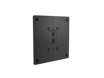 Eine schwarze, quadratische Montageklammer mit Schraublöchern und einem zentralen Befestigungspunkt, die zum Sichern von elektronischen Geräten an einer Wand verwendet wird.