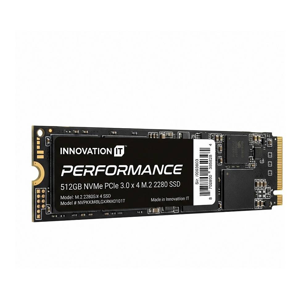 SSD mit der Bezeichnung 'INNOVATION IT PERFORMANCE', 512 GB NVMe PCIe 3.0 x4 M.2 2280. Schwarz mit goldenen Anschlüssen.