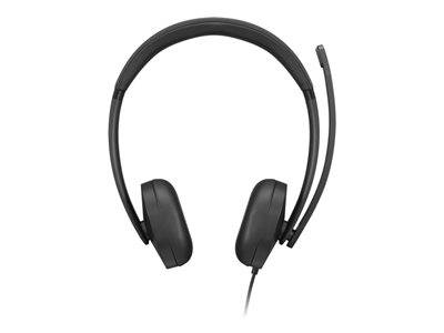 Schwarzes Over-Ear-Headset mit angebrachtem Mikrofon, von vorne betrachtet.