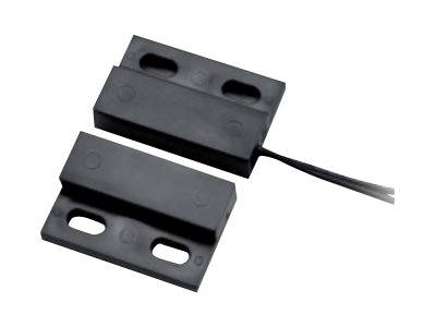 Ein schwarzer magnetischer Kontaktsensor mit zwei Teilen: eines mit einer Kabelverbindung, entwickelt für Sicherheitssysteme zum Erkennen von Tür- oder Fensteröffnungen.