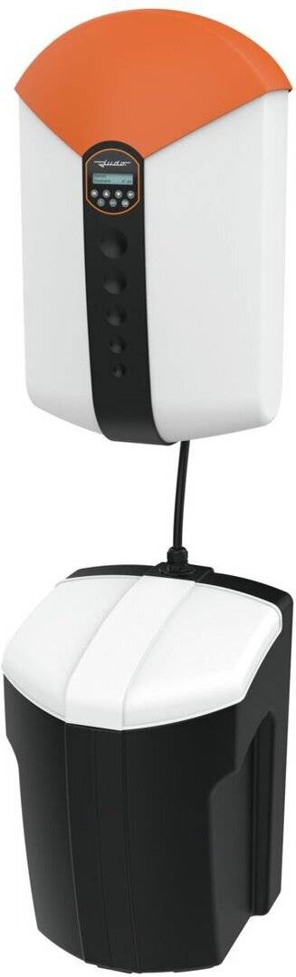 Ein weißer und schwarzer Dual-Fußschalter-Pedal mit einem Verbindungskabel, entwickelt für die kabellose Steuerung von elektronischen Geräten oder Instrumenten.