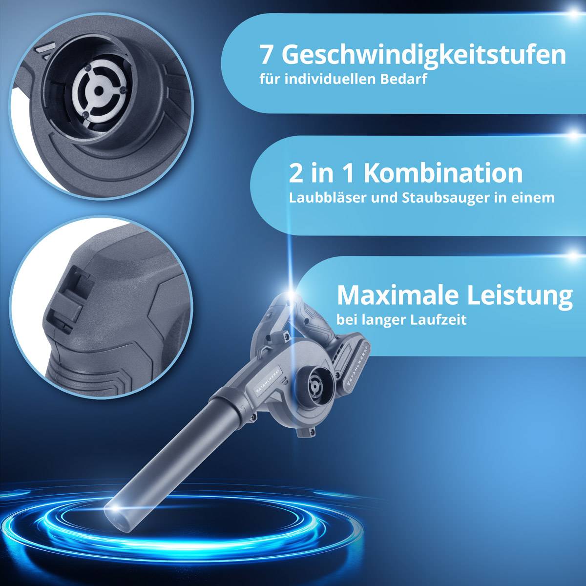 Ein Laubblatt-Bläser und Staubsauger mit drei Funktionen: '7 Geschwindigkeitsstufen', '2 in 1 Kombination', 'Maximale Leistung'.