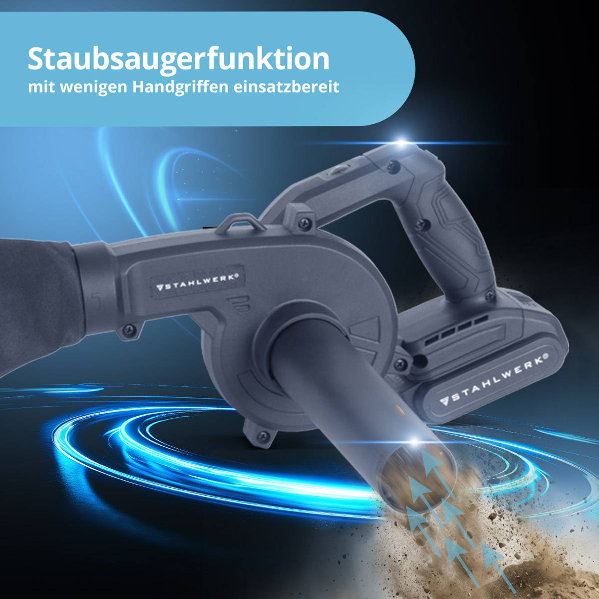 Tragbares Staubsauger-Merkmal mit minimalem Aufwand; graues Staubsauger-Werkzeug mit eingesaugtem Staub, blaues Glühen hebt die Technologie hervor.