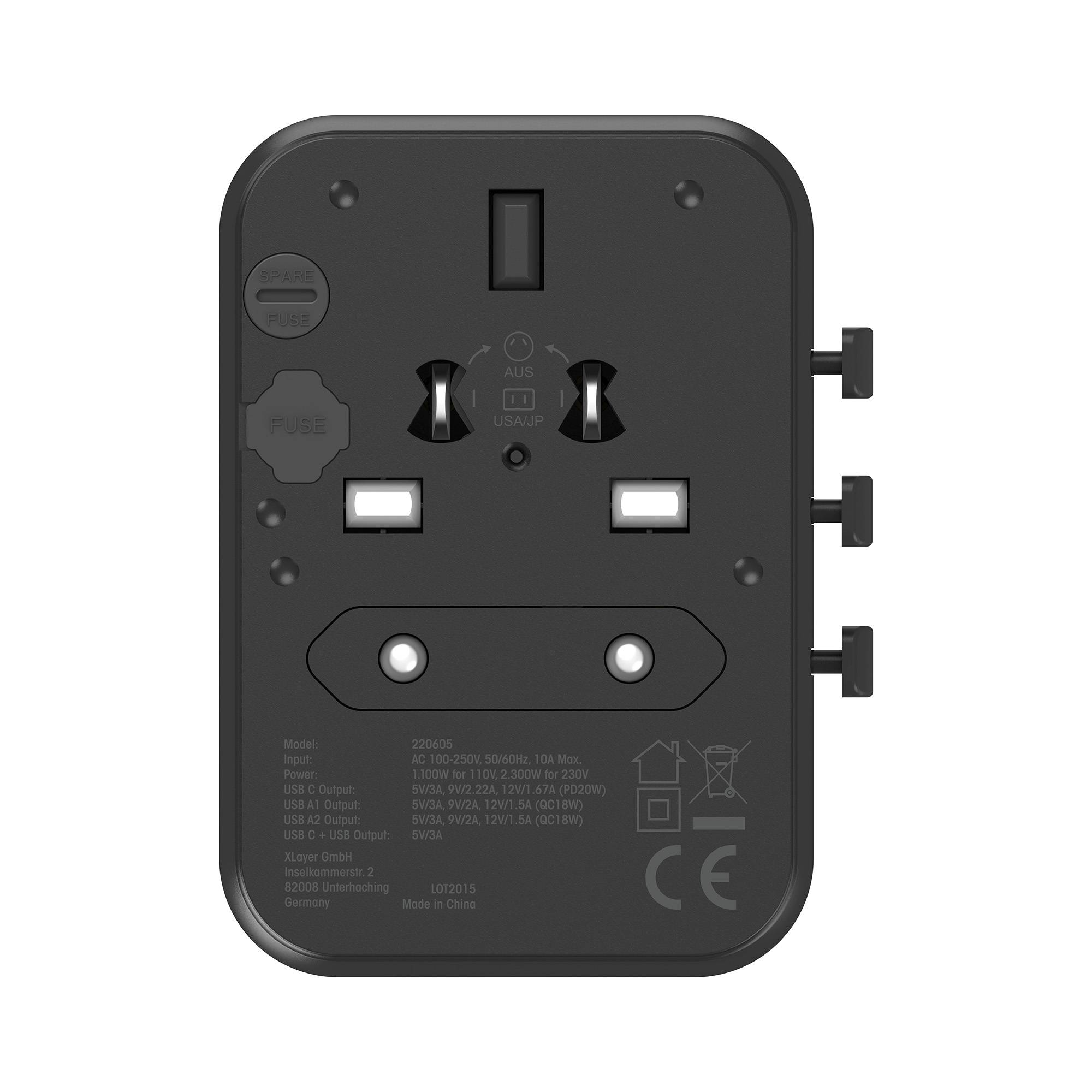Ladegerät XLayer Reisestecker weltweit 2 x USB Typ-A 1 x USB Typ-C 20W